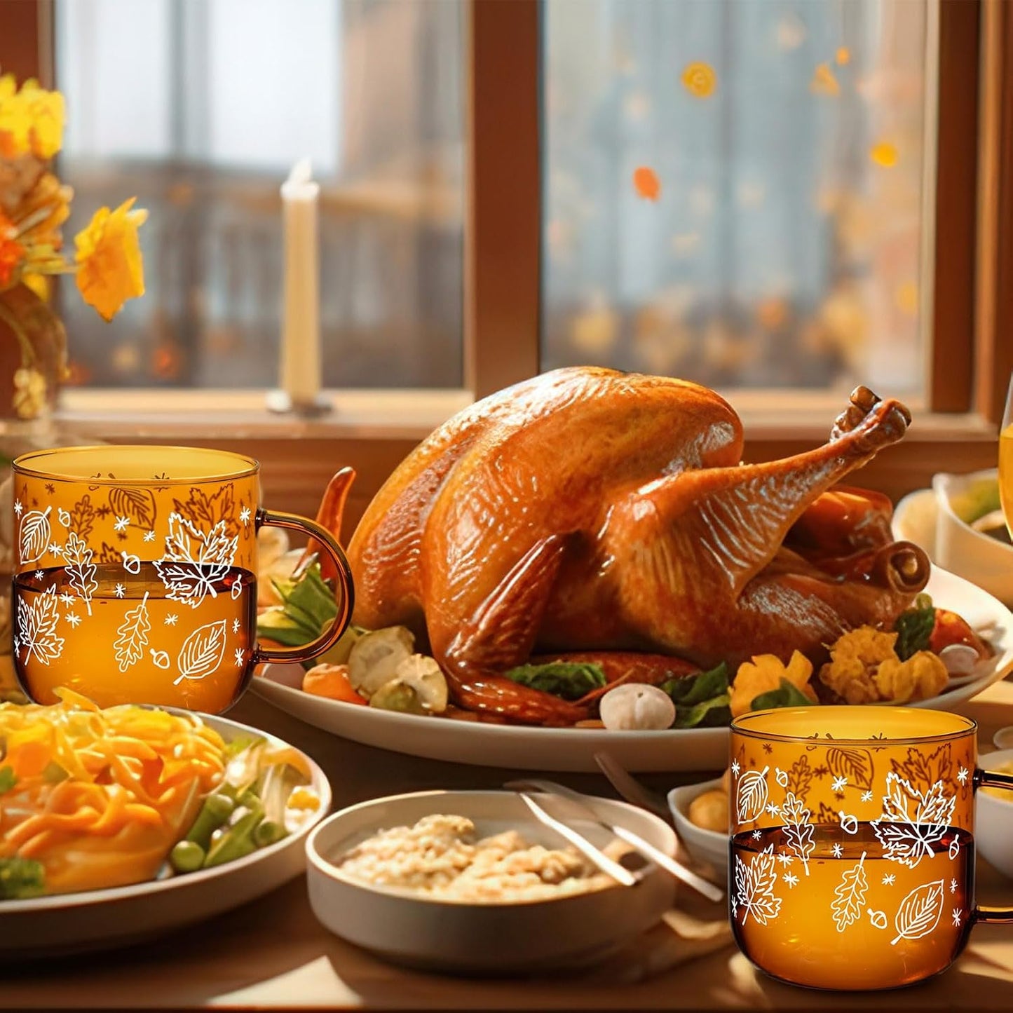 Meanplan 4 Pcs Fall Maple Leaf Mugs with Handle 12oz Amber Coffee Mugs Fall Espresso Glass Cups Amber Thanksgiving Cups for Thanksgiving Autumn Harvest Party Supplies