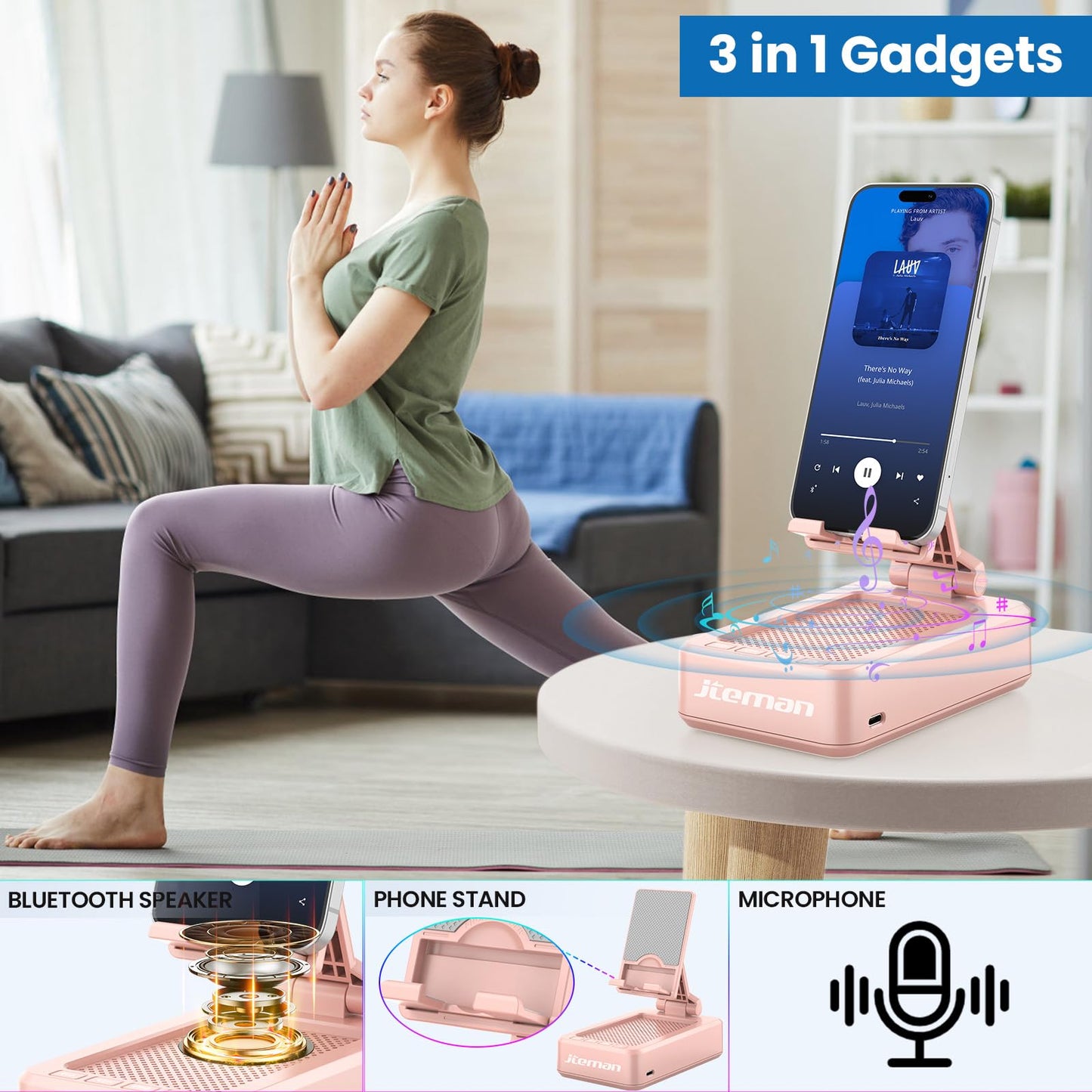 JTEMAN Tablet Stand Adjustable with Bluetooth Speakers,Kitchen Gadgets,Gifts for Women Men,Wireless Bluetooth Speaker Tablet Holder,Desk Mic Charging Sation Compatible with Phones and Tablet