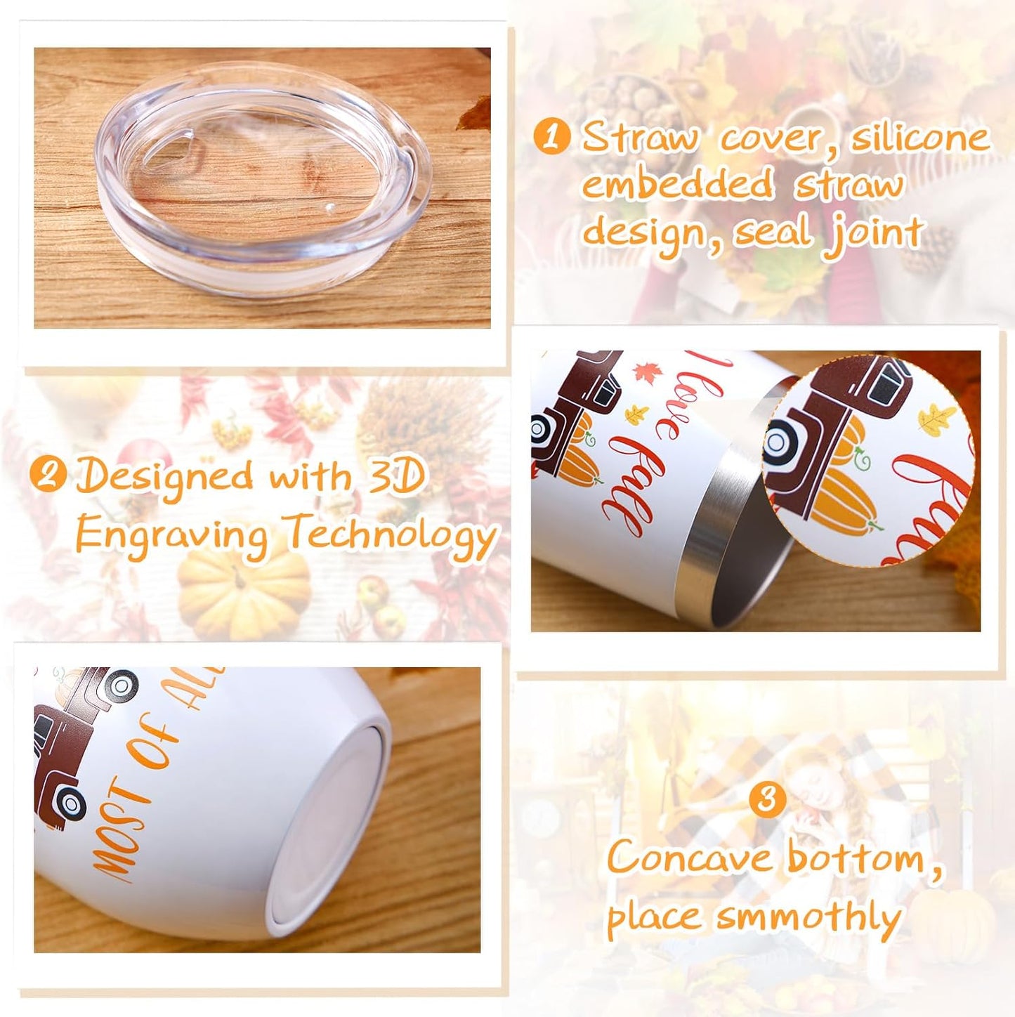 10 Pcs Thanksgiving Fall Tumbler with Lid and Straw Happy Fall Gift 12 oz Pumpkin Coffee Mug Wine Tumbler Maple Leaves Autumn Travel Mug Stainless Steel Insulated for Thanksgiving Party Favor