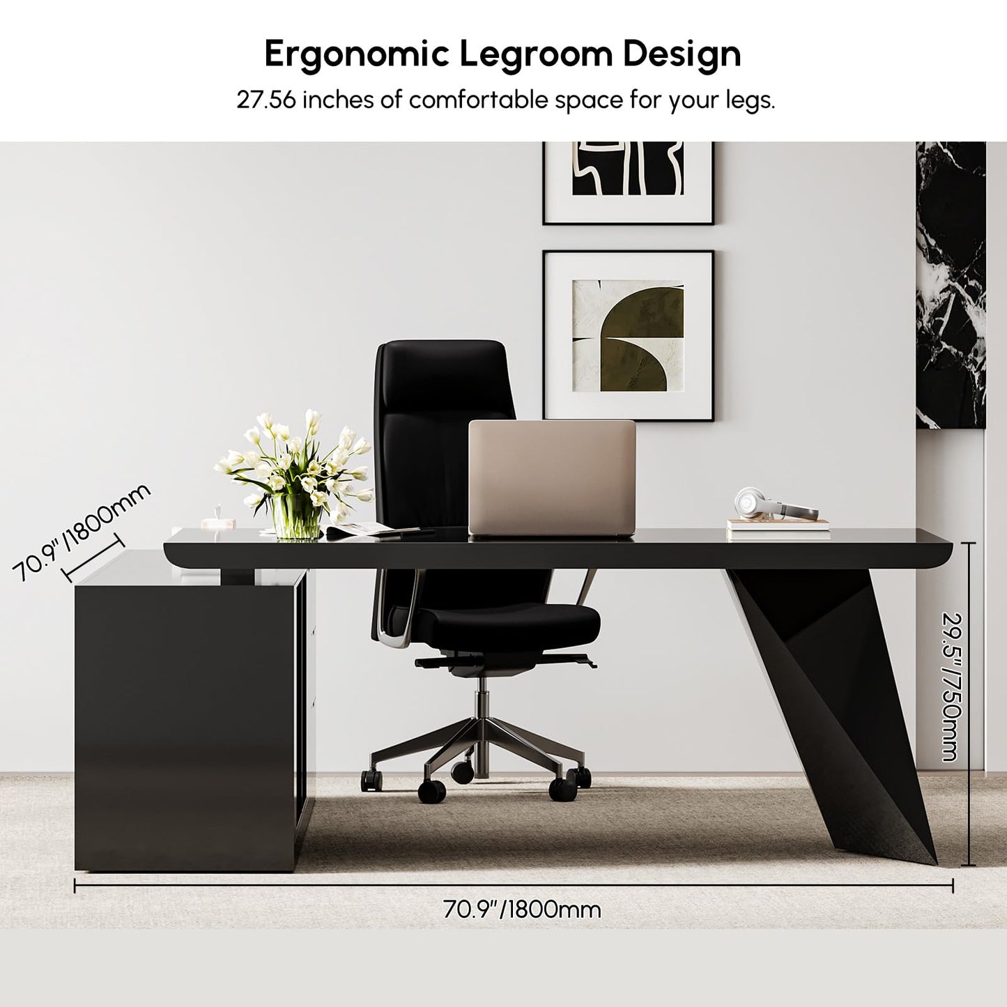 homary 70.9" Modern L-Shape Executive Desk, Home Office Desk with Drawers & Cabinet Modern Computer Desk for Home Business Furniture, Black, Right Hand