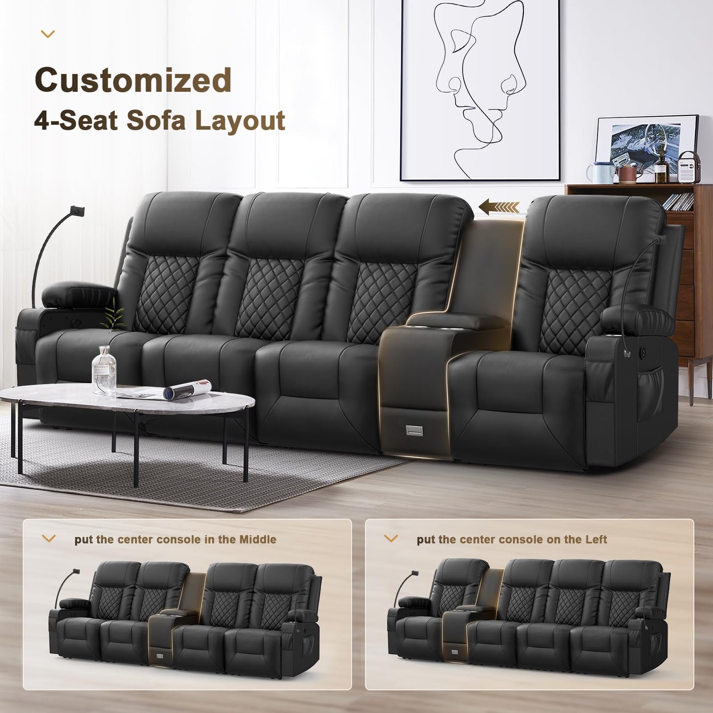 YONISEE 3 Seat Recliner Sofa, Large Reclining Sofa with Storage Console, Manual Reclining Chair with USB Ports, 2 Cell Phone Holder, 3 Seater Loveseat Recliner Couch for Living Room