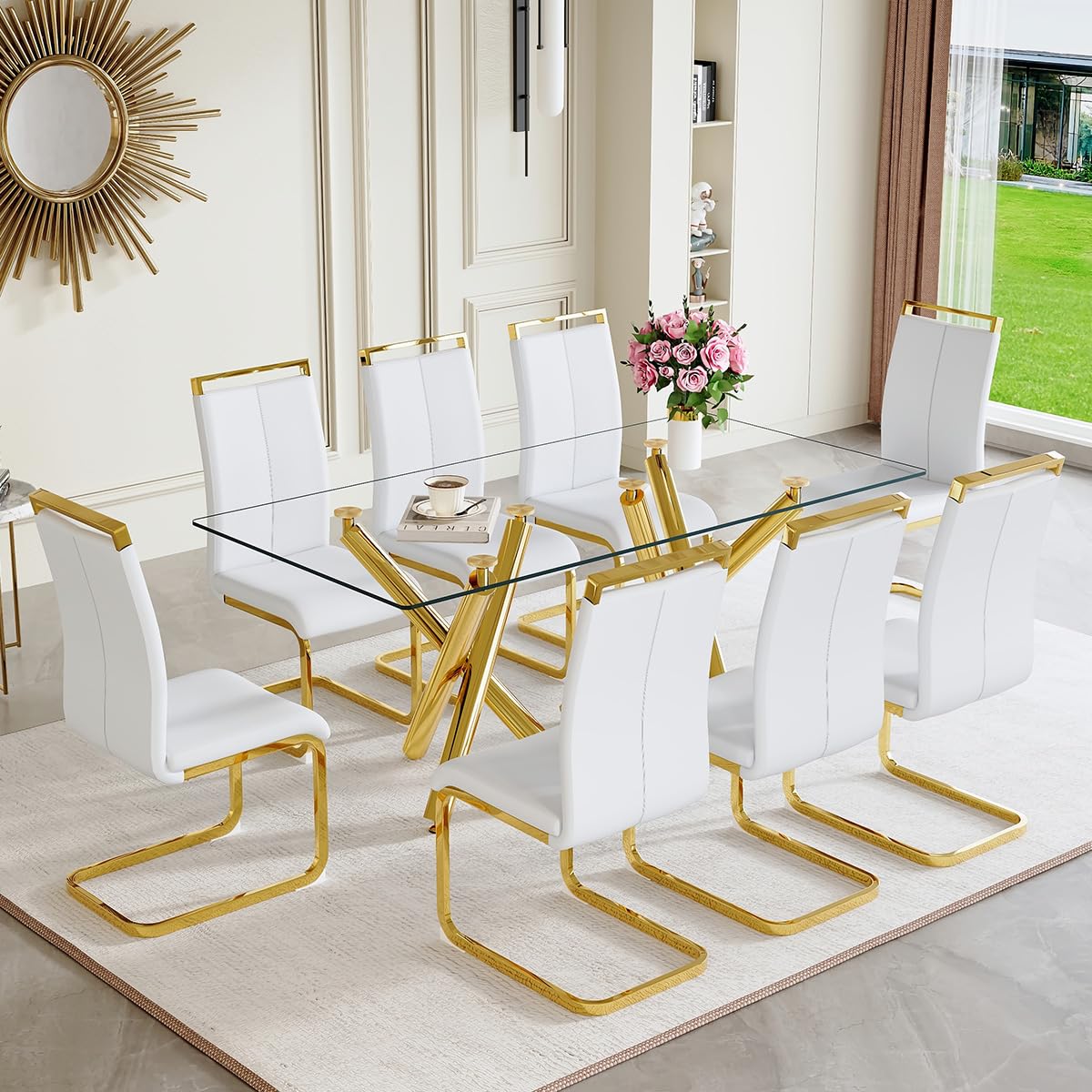 AZmac Modern Dining Table Set for 8 with Gold Metal Frame, 9-Piece Glass Dining Table with PU High Back Chairs for Kitchen Dining Room, Glass Table and 8 White Chairs