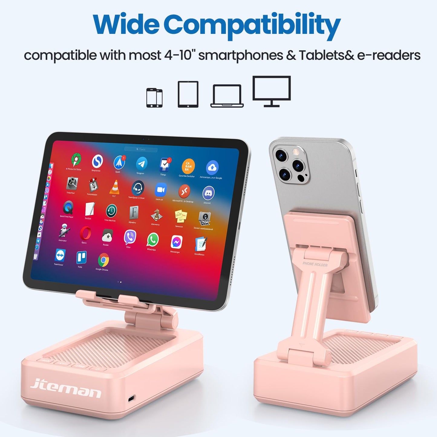 JTEMAN Tablet Stand Adjustable with Bluetooth Speakers,Kitchen Gadgets,Gifts for Women Men,Wireless Bluetooth Speaker Tablet Holder,Desk Mic Charging Sation Compatible with Phones and Tablet