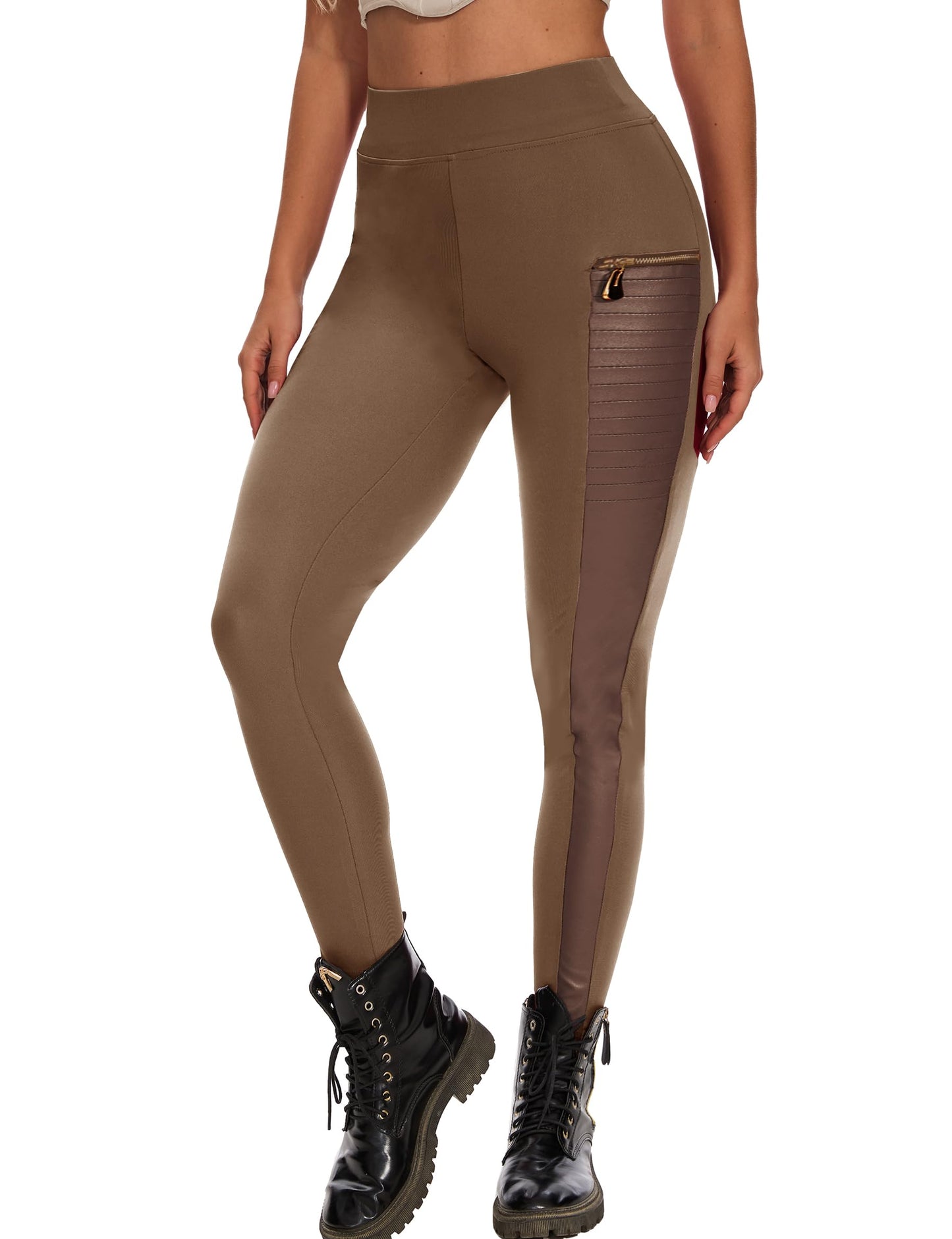 Faux Leather Leggings for Women Pleather Pant Elastic Mid Waisted Stretchy Patch Zip Tights