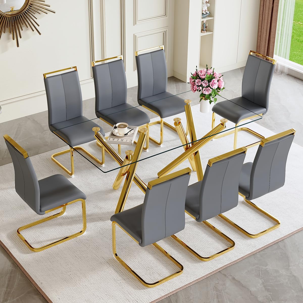 AZmac Modern Dining Table Set for 8 with Gold Metal Frame, 9-Piece Glass Dining Table with PU High Back Chairs for Kitchen Dining Room, Glass Table and 8 White Chairs
