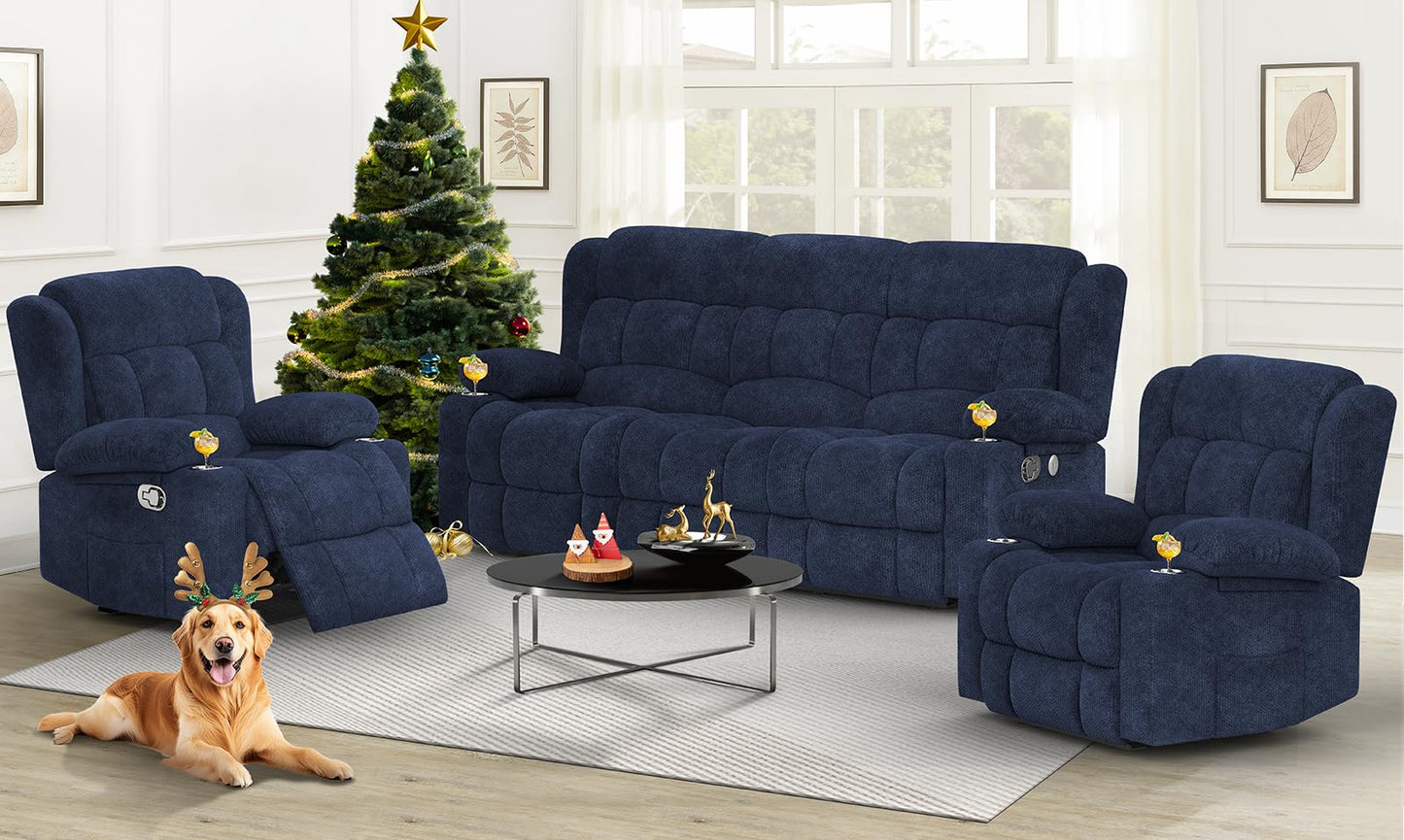 Loveseat Recliner Sofa, Flip Middle Backrest Design 3 Seat Reclining Sofa with Storage Drawer, USB Ports & Cup Holders, Manual Couch for Living Room/RV (Gray)