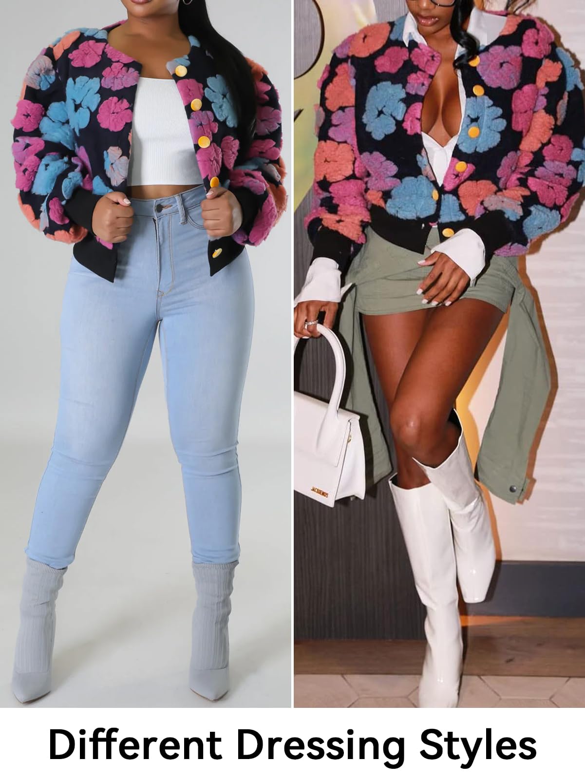 HOULENGS Women's Cropped Floral Print Fleece Bomber Jacket Casual Puff Sleeve Button Down Coats Winter Warm Outerwears