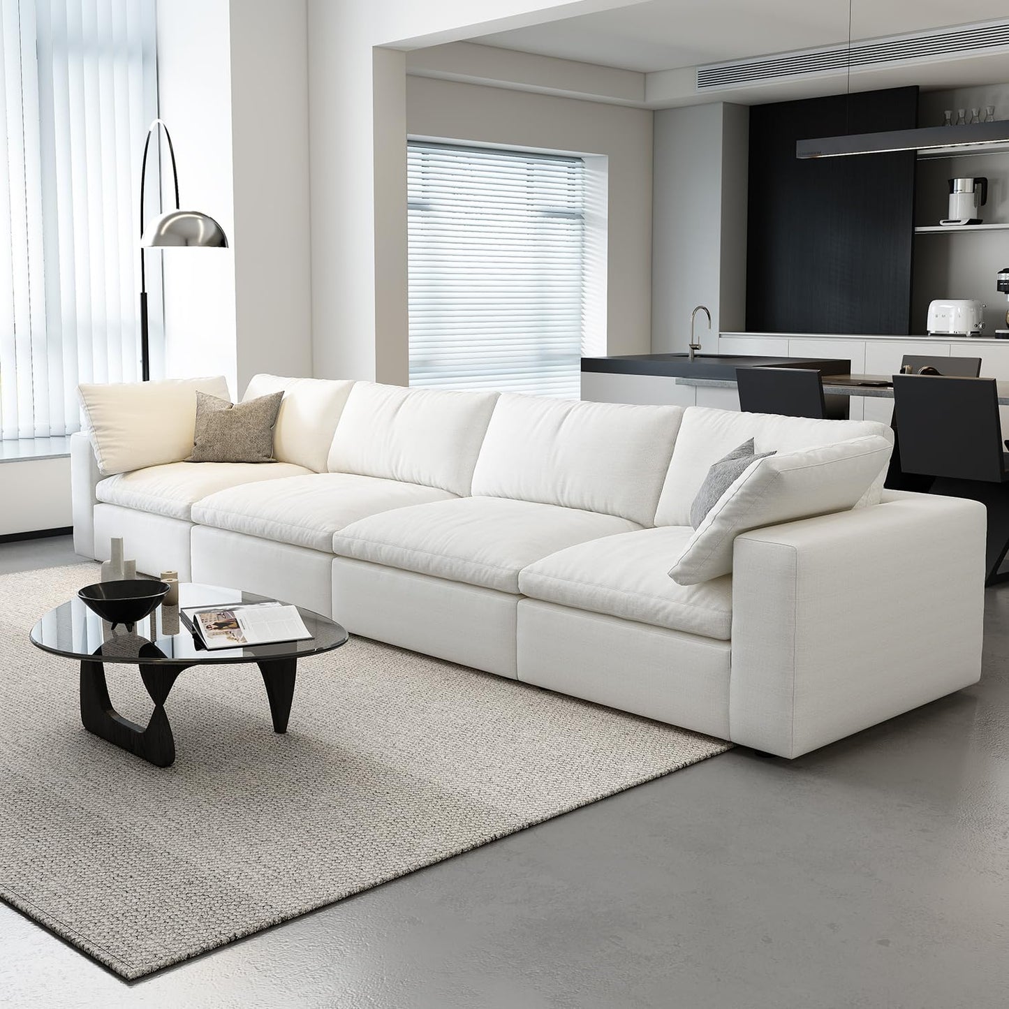 Cloud Modular Sectional Sofa with Storage Ottoman,120" L Shaped Sectional Couches for Living Room,Down Filled Comfort Minimalist Deep Sofa Couches for Office Apartment (White, 3 Seater+1 Ottoman)