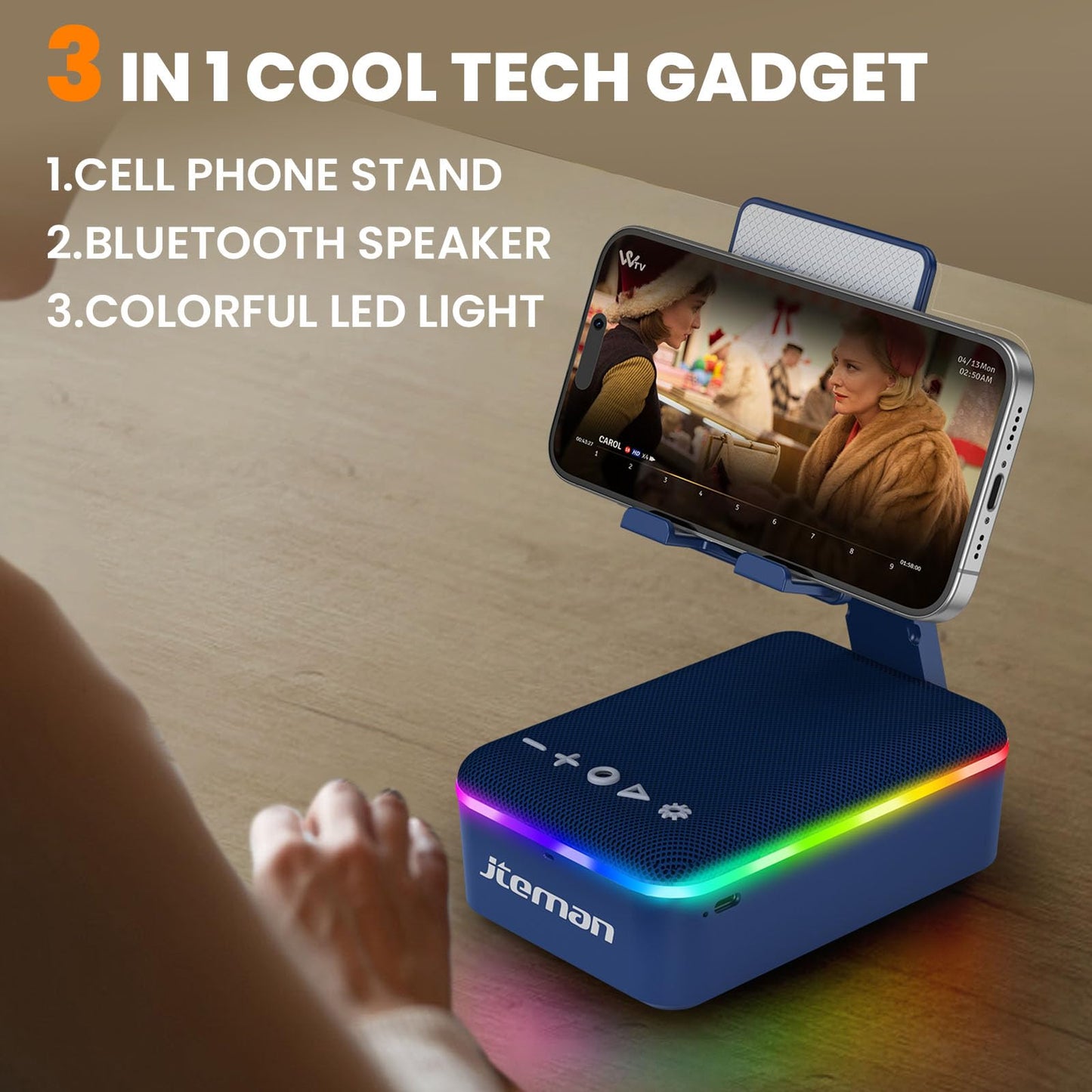 JTEMAN Gifts for Men Women,Cell Phone Stand with Bluetooth Speaker and LED Light,Cool Tech Gadgets,Unique Birthday Gifts for Men Husband Mom Dad-Pink