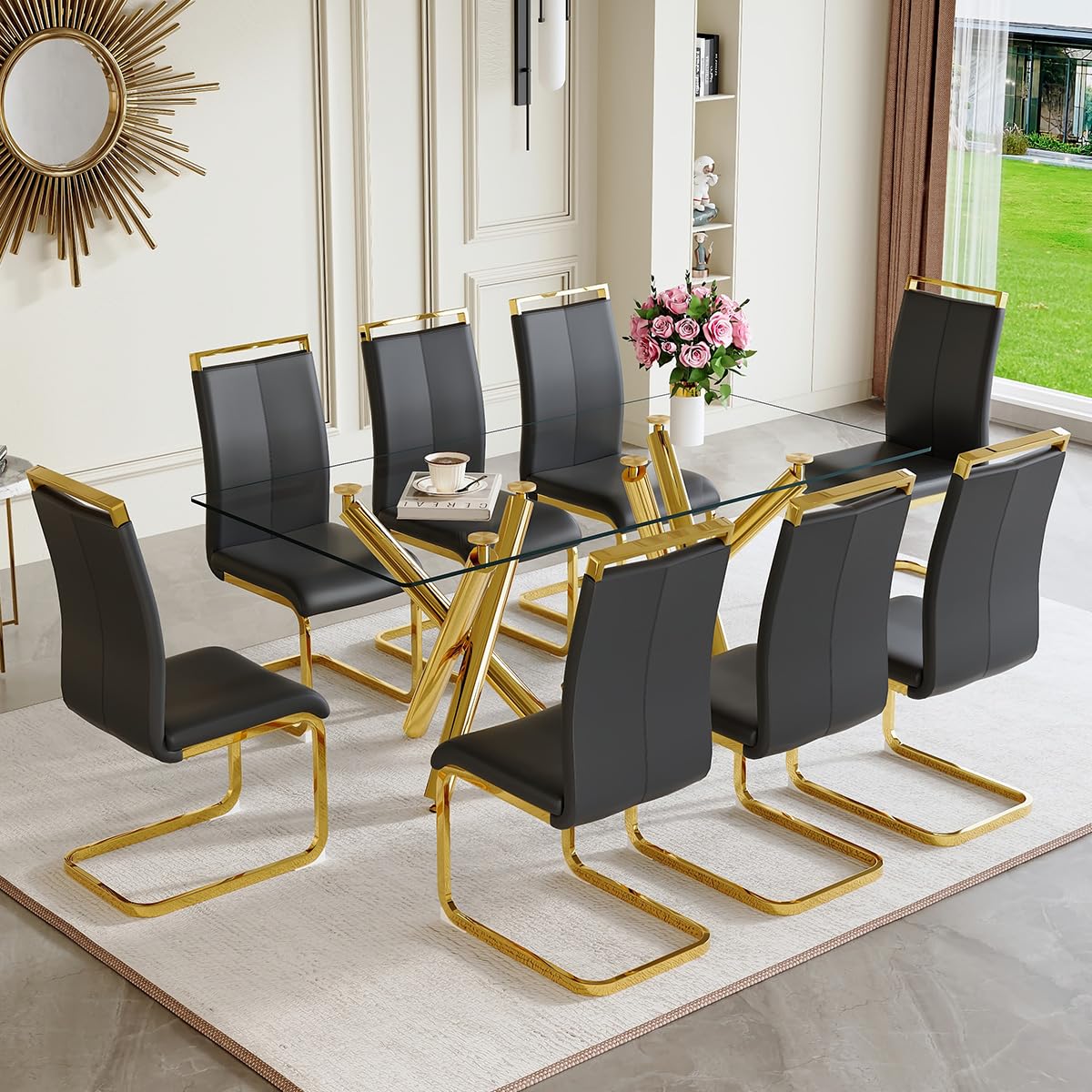 AZmac Modern Dining Table Set for 8 with Gold Metal Frame, 9-Piece Glass Dining Table with PU High Back Chairs for Kitchen Dining Room, Glass Table and 8 White Chairs
