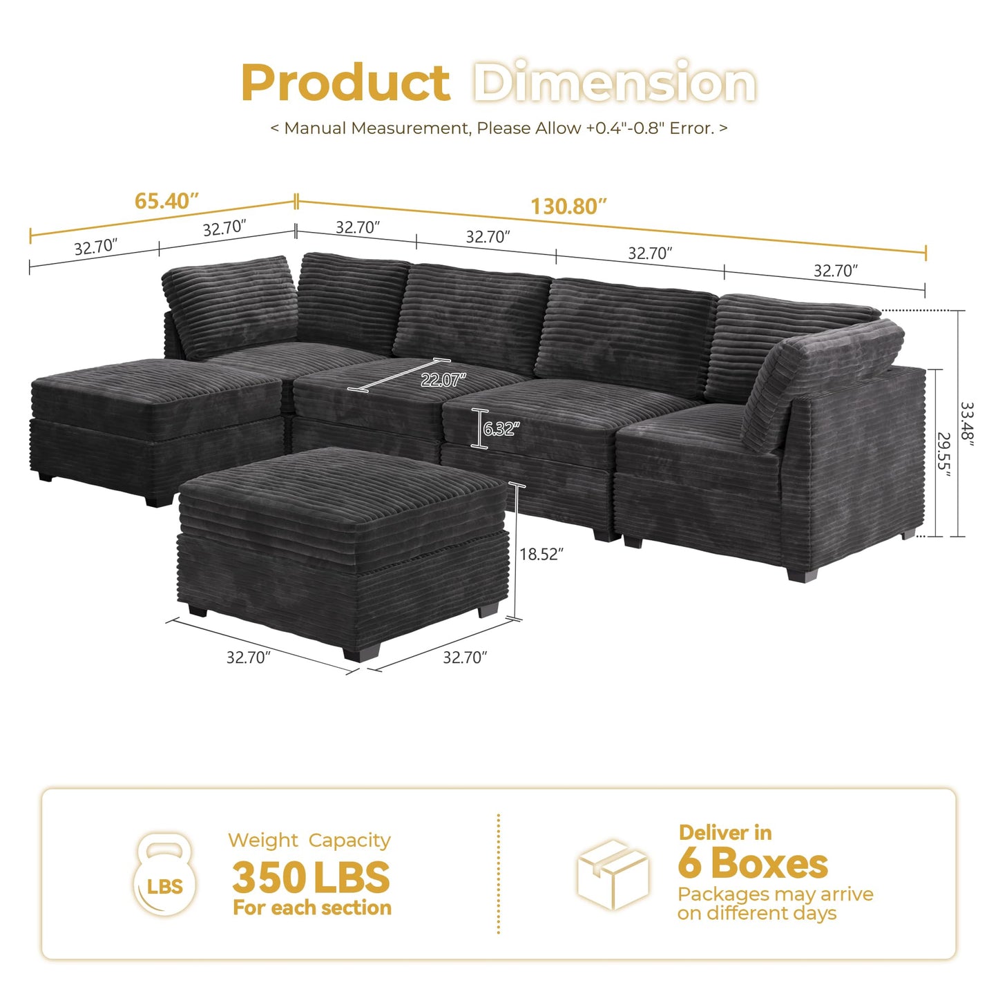 HOOOWOOO Modular Sectional Sofa,5 Pieces Sectional Couches for Living Room,98X98 L Shaped Cloud Couch Set(Grey Velvet Corduroy)