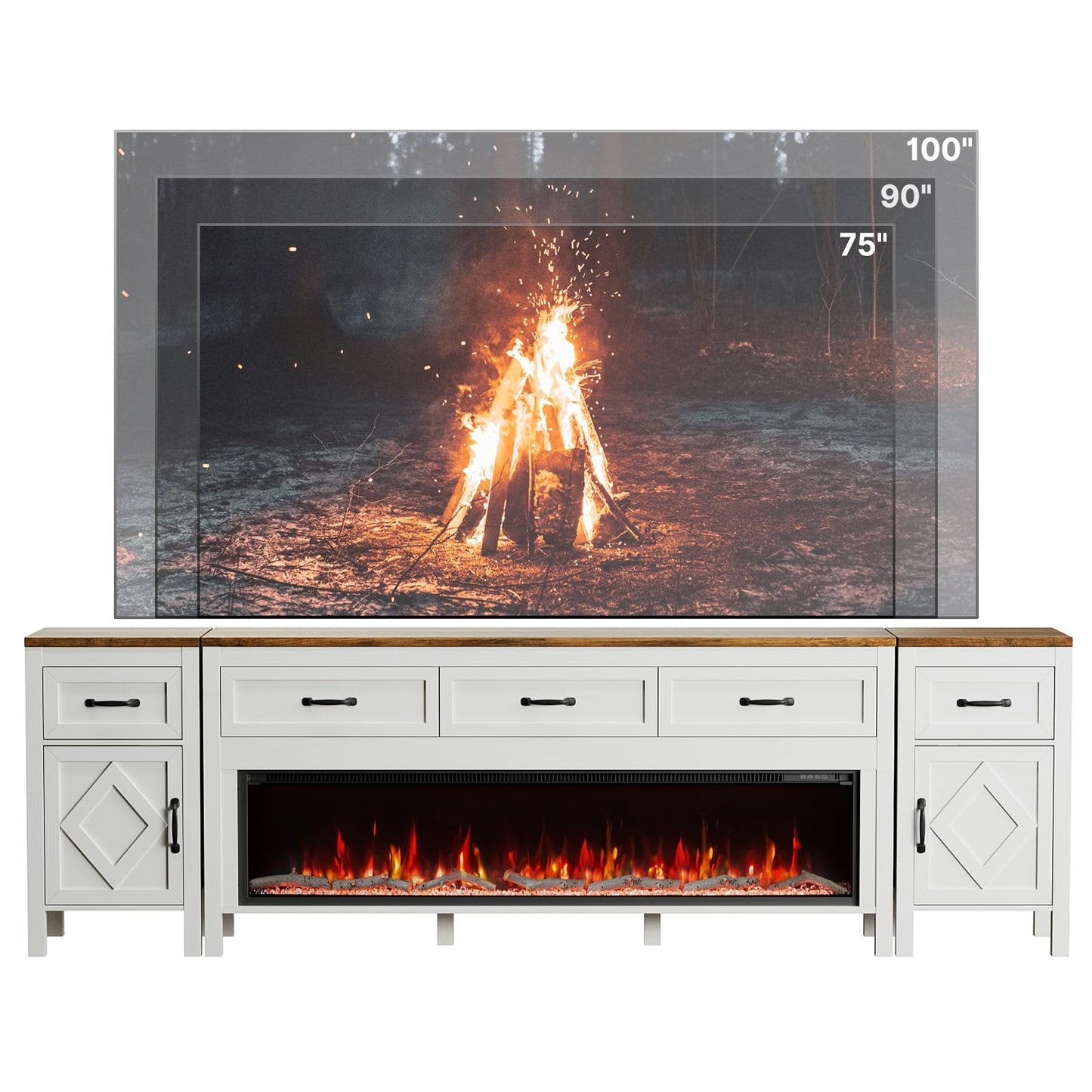 Farmhouse TV Stand with Fireplace for TVs Up to 95 Inch,Entertainment Center with 50" Electric Fireplace,88" TV Console with Storage Cabinet Drawers for Living Room(Off White)