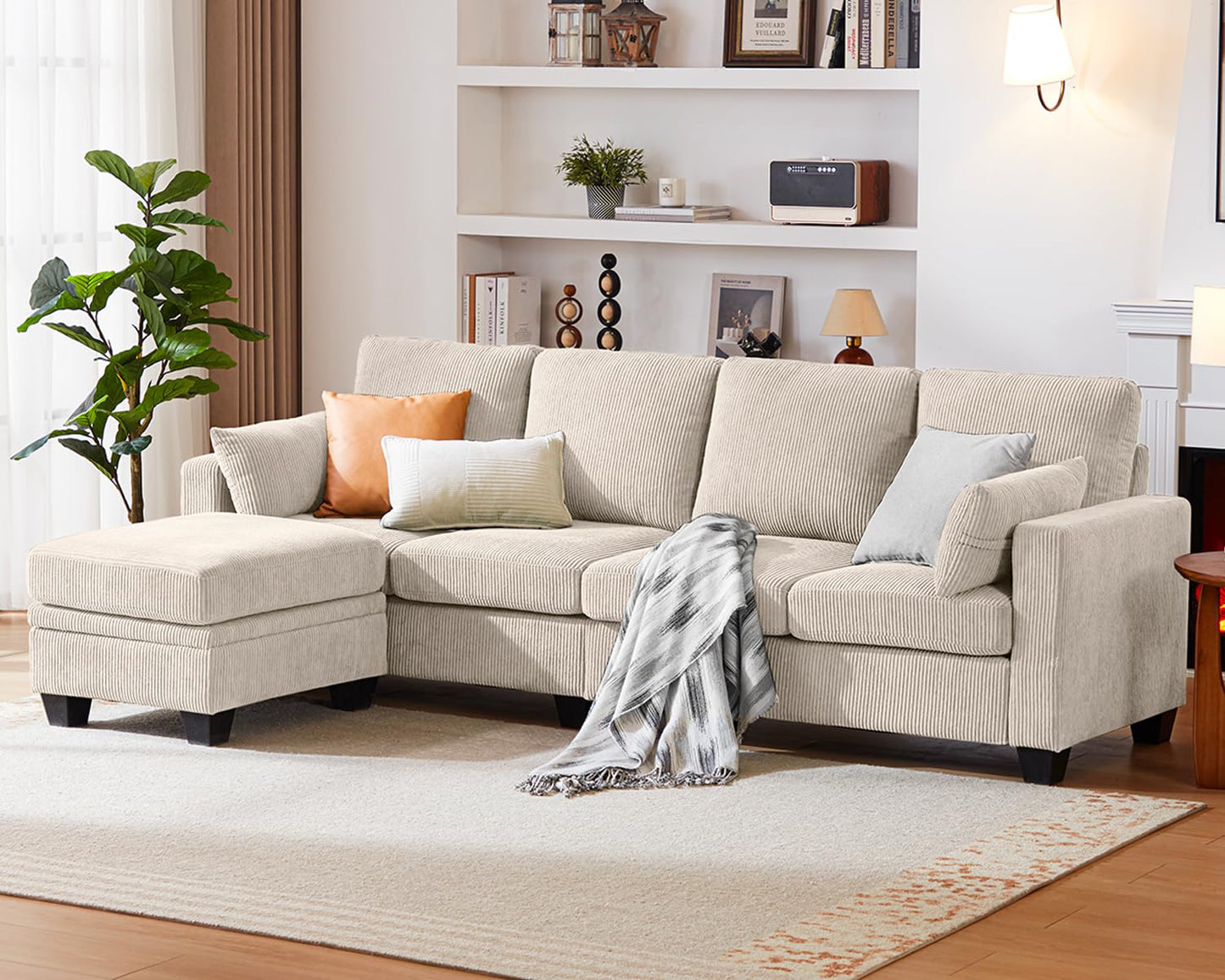 CHIC HOUSE Corduroy Modular Sectional Couch with Ottoman Chaise, L Shaped 4-seat Sofa for Living Room, Apartment, Lounge, Modern Armrest Neck Support Furniture