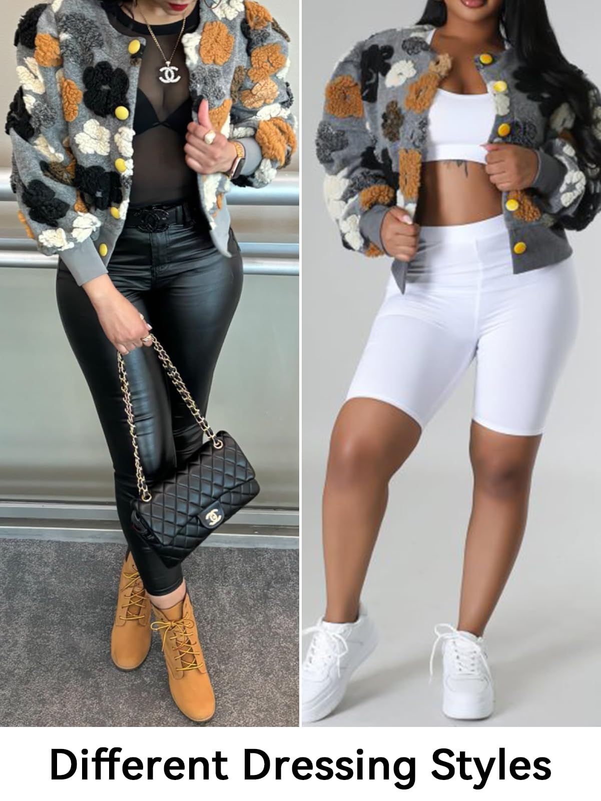 HOULENGS Women's Cropped Floral Print Fleece Bomber Jacket Casual Puff Sleeve Button Down Coats Winter Warm Outerwears