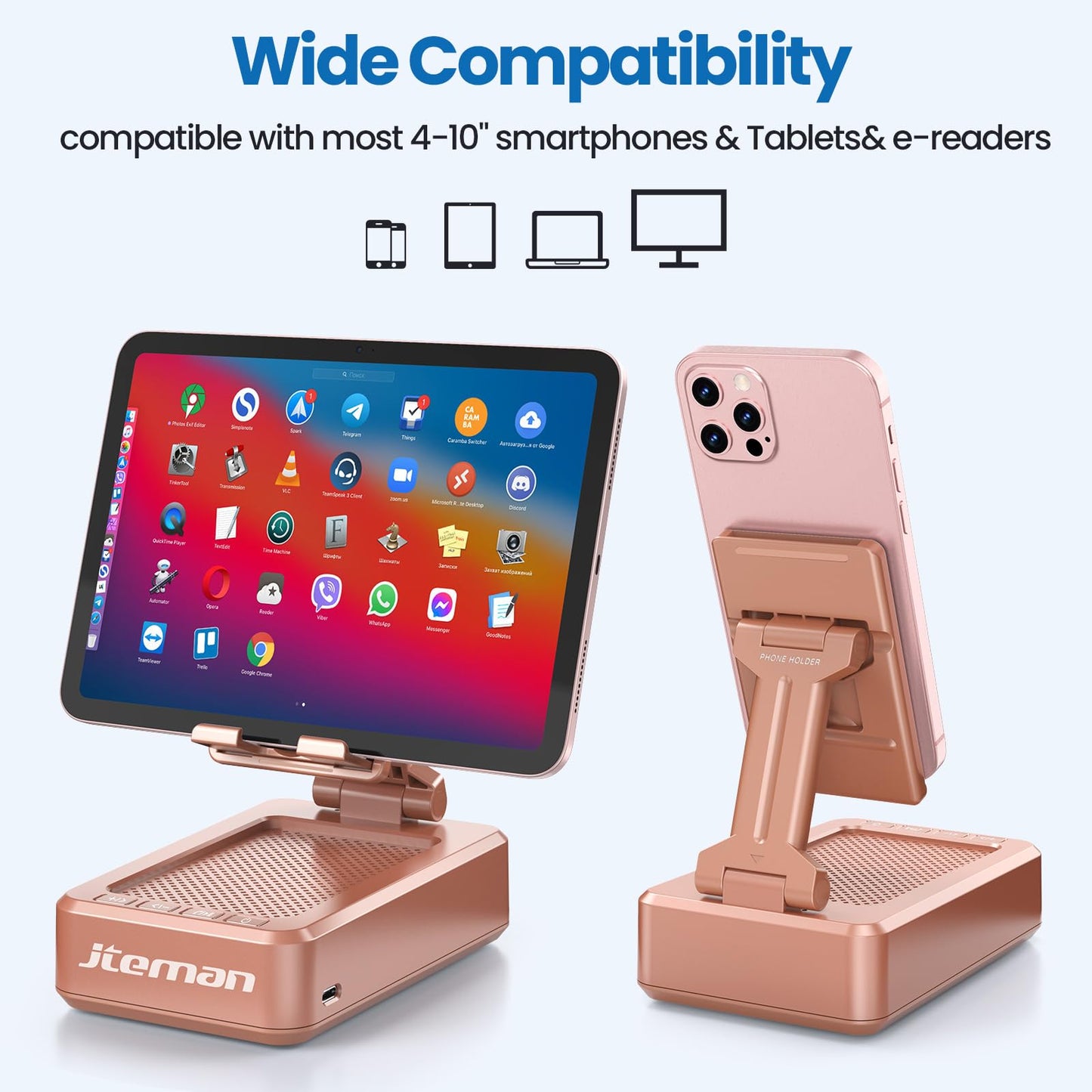 JTEMAN Tablet Stand Adjustable with Bluetooth Speakers,Kitchen Gadgets,Gifts for Women Men,Wireless Bluetooth Speaker Tablet Holder,Desk Mic Charging Sation Compatible with Phones and Tablet