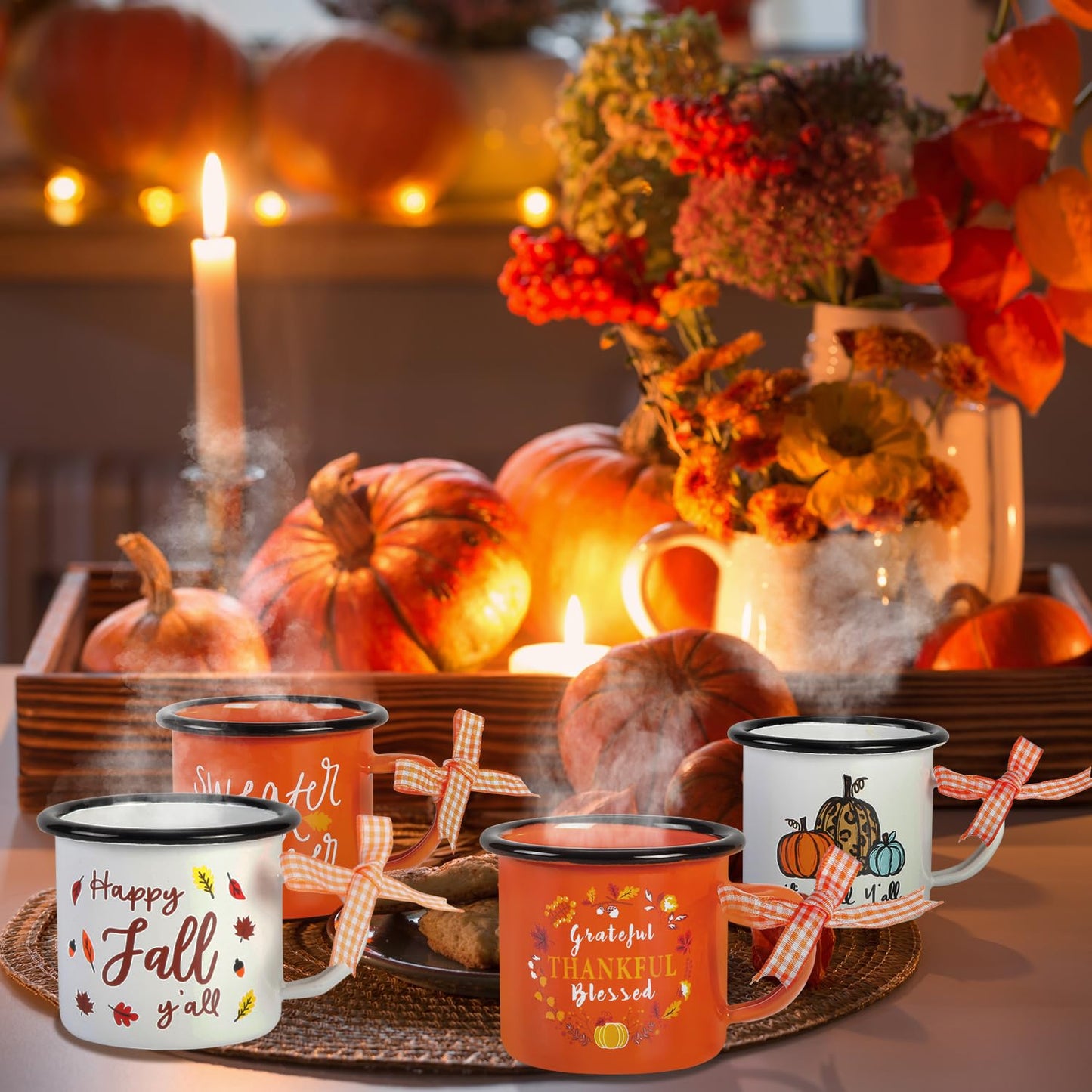 Quera 4 Pcs Fall Thanksgiving Mini Coffee Mug, Pumpkin Mini Coffee Cups for Tiered Tray Decor Autumn Centerpieces, Farmhouse Kitchen Coffee Bar PartyDecorations, Birthday Gift, 240ml