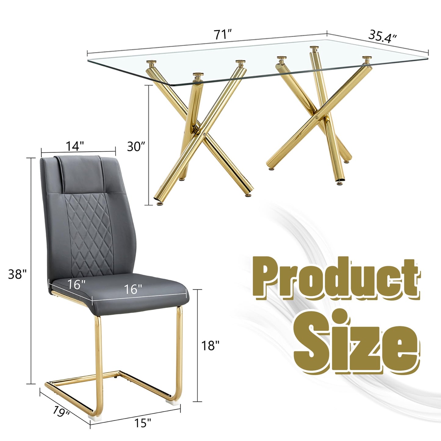 AZmac Modern Dining Table Set for 8 with Gold Metal Frame, 9-Piece Glass Dining Table with PU High Back Chairs for Kitchen Dining Room, Glass Table and 8 White Chairs