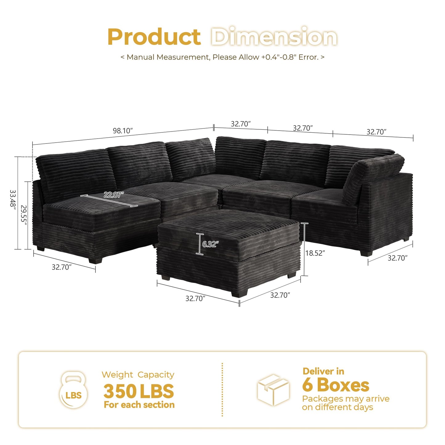 HOOOWOOO Modular Sectional Sofa,5 Pieces Sectional Couches for Living Room,98X98 L Shaped Cloud Couch Set(Grey Velvet Corduroy)