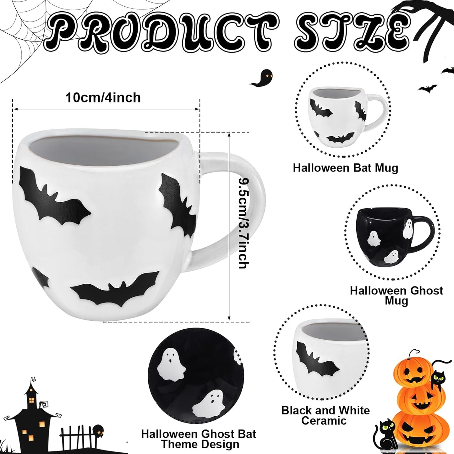 2 Pack Halloween Coffee Mug 14 oz Ceramic Ghost Bat Mug Black White Ghost Bat Drinking Cups Cute Holiday Cup Sets for Halloween Party Table Centerpieces Housewarming Gift