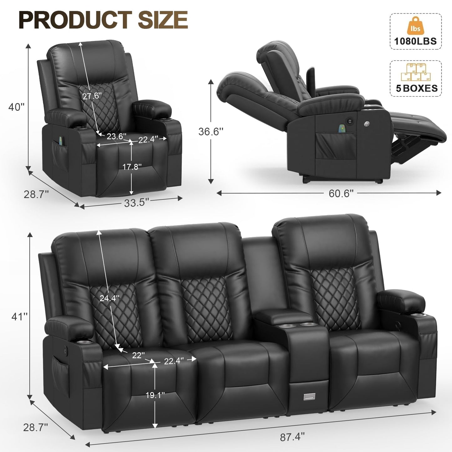 YONISEE 3 Seat Recliner Sofa, Large Reclining Sofa with Storage Console, Manual Reclining Chair with USB Ports, 2 Cell Phone Holder, 3 Seater Loveseat Recliner Couch for Living Room