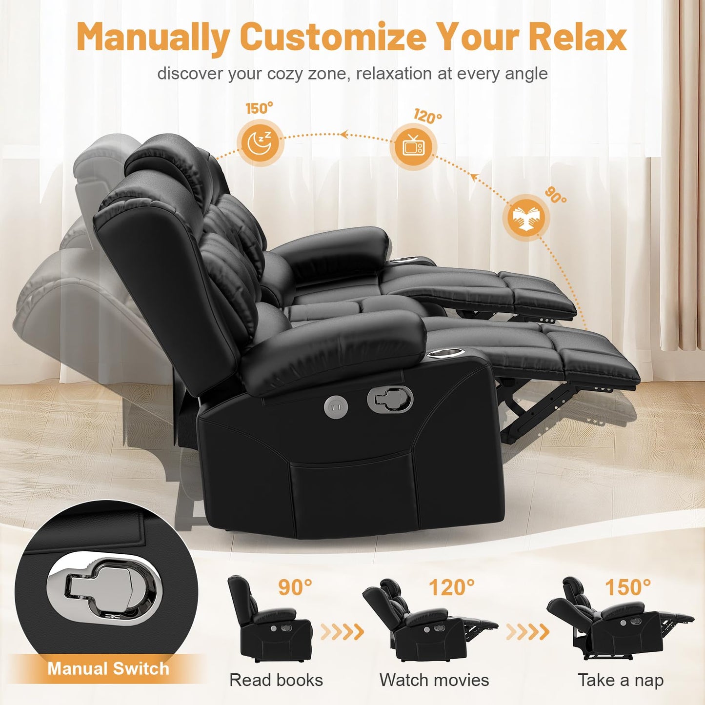 Loveseat Recliner Sofa, Flip Middle Backrest Design 3 Seat Reclining Sofa with Storage Drawer, USB Ports & Cup Holders, Manual Couch for Living Room/RV (Gray)