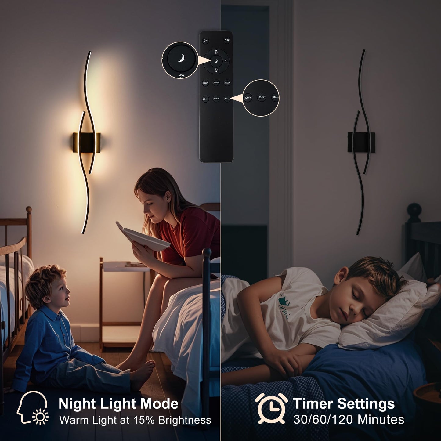 Battery Operated Wall Sconces Set of Two with Remote Control, Dimmable/3 Color/Night-Light/Timer/Memory, Black Modern Wireless LED Sconce for Living Room, Hallway, Bedroom, 39.3 Inch (2 Pack)