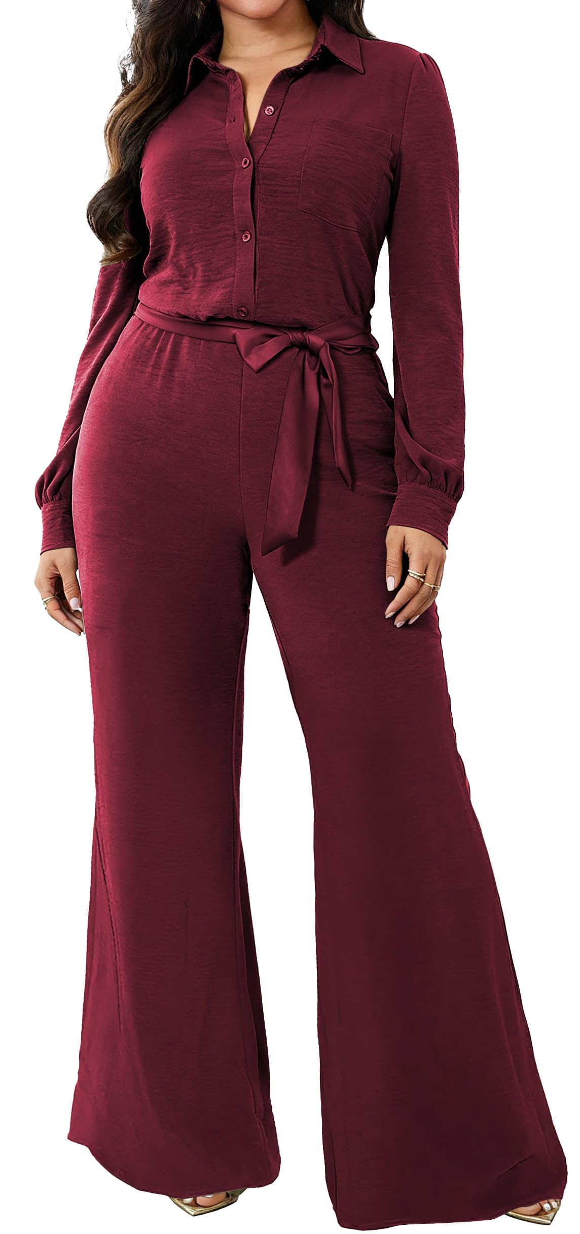 Women Jumpsuits For Elegant Sexy V Neck Long Sleeve Casual for Work Wide Leg Pants with Pockets Belt