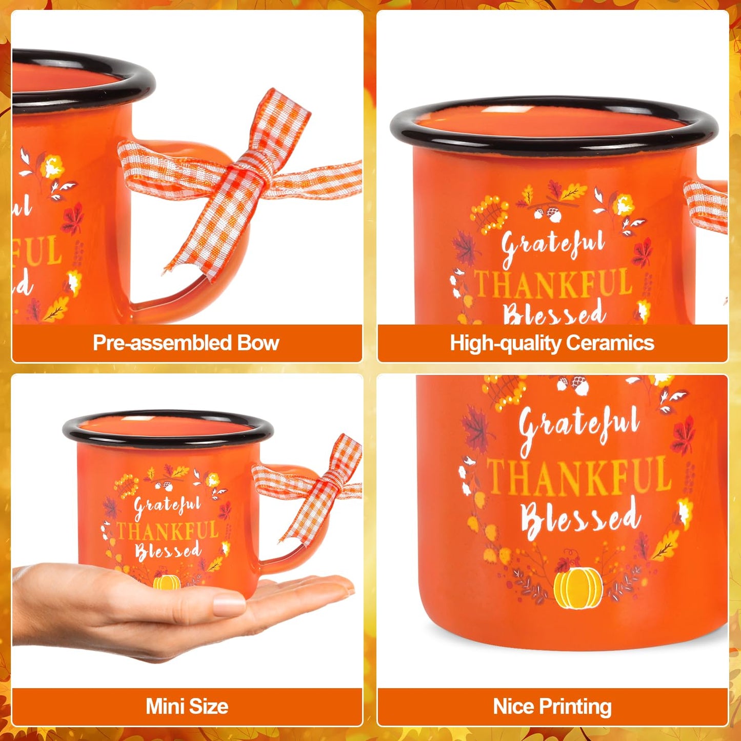 Quera 4 Pcs Fall Thanksgiving Mini Coffee Mug, Pumpkin Mini Coffee Cups for Tiered Tray Decor Autumn Centerpieces, Farmhouse Kitchen Coffee Bar PartyDecorations, Birthday Gift, 240ml