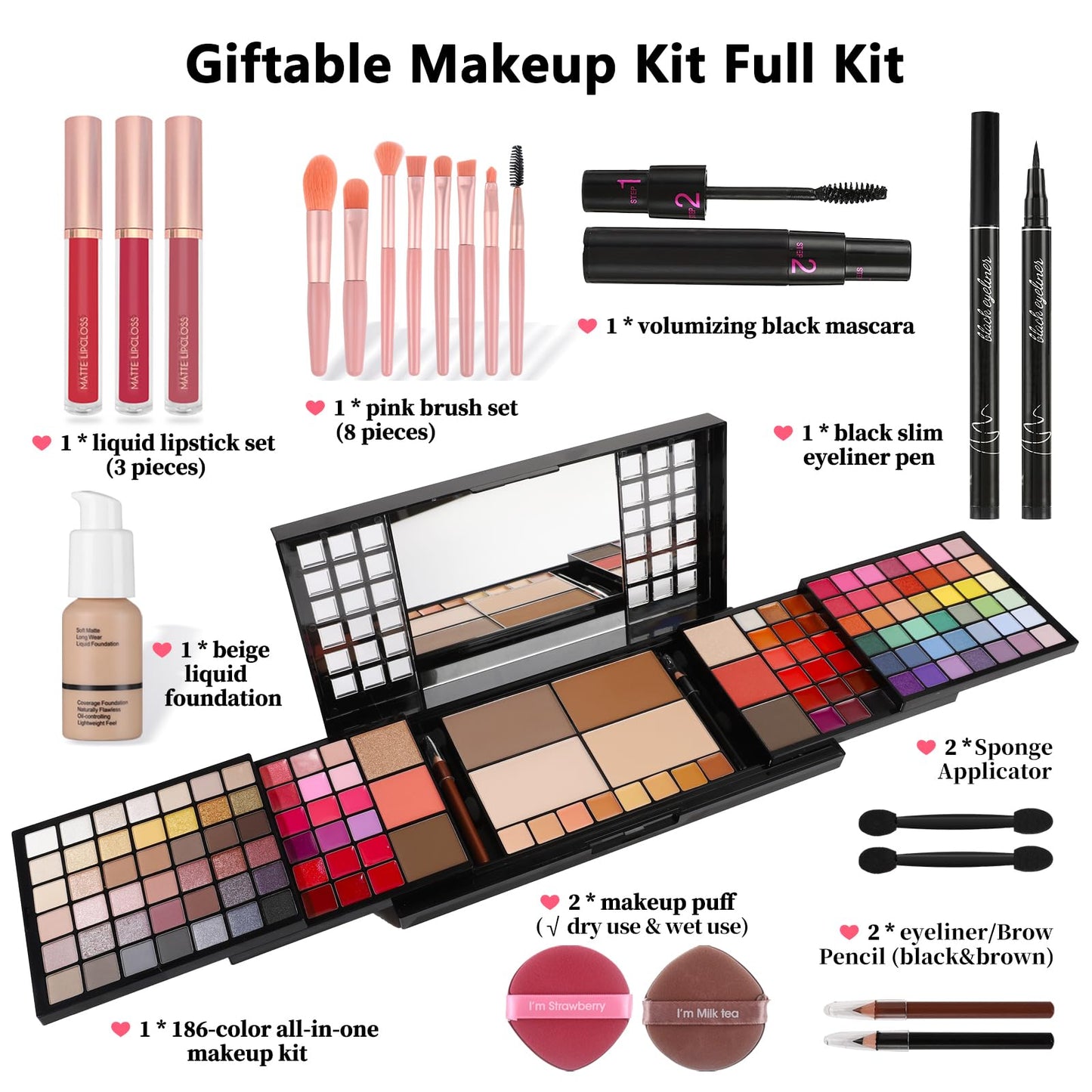Professional All in One Makeup Kit for Women Full Kit,186 Colors Make Up Palette Valentine's Gift Set, Including Eyeshadow,Lip Gloss,Concealer,Highlighter,Contour,Brow Powder,Mascara,Blush & Brush