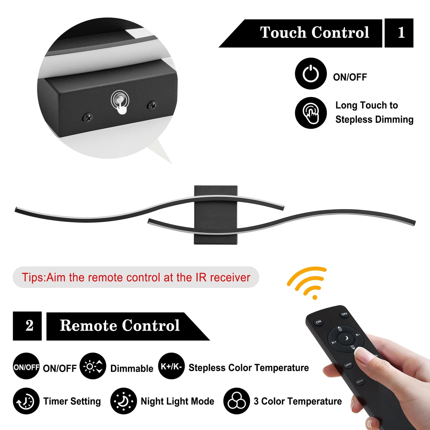 Battery Operated Wall Sconces Set of Two with Remote Control, Dimmable/3 Color/Night-Light/Timer/Memory, Black Modern Wireless LED Sconce for Living Room, Hallway, Bedroom, 39.3 Inch (2 Pack)