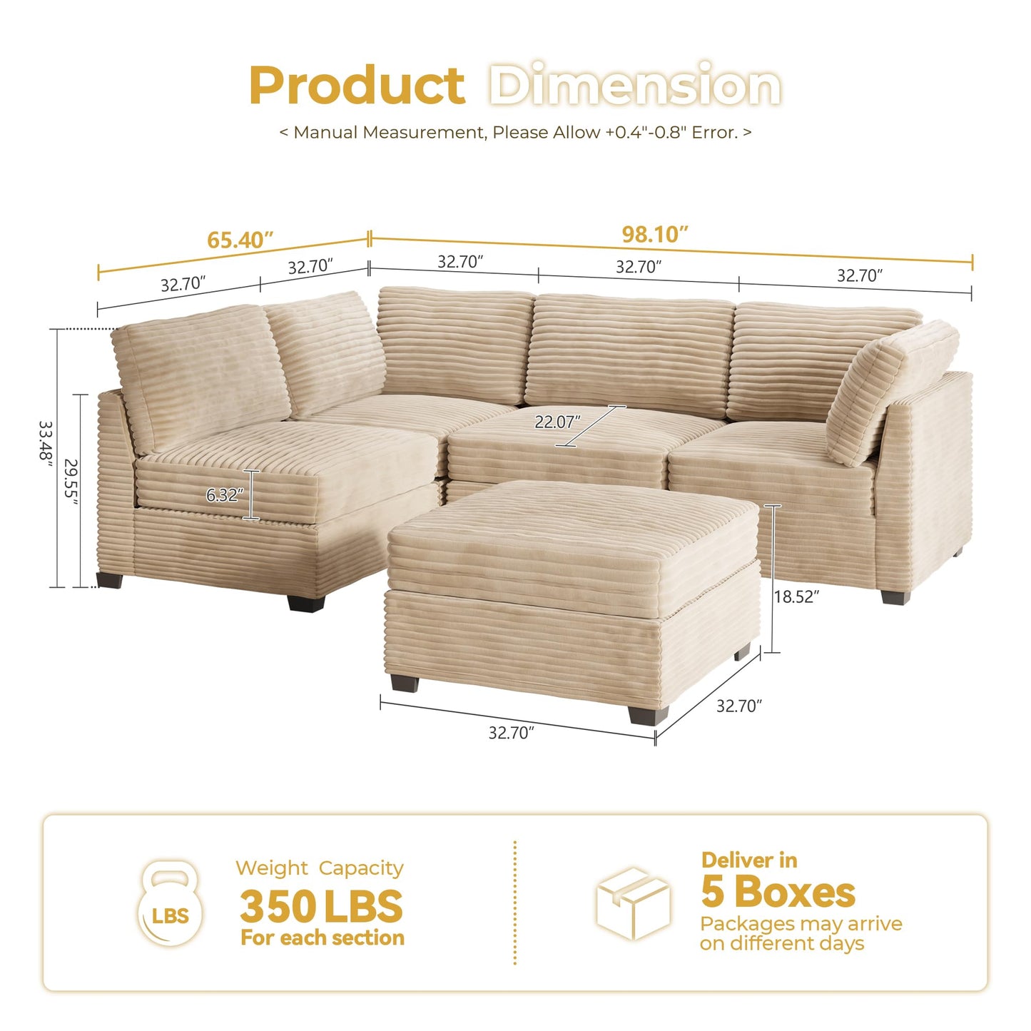 HOOOWOOO Modular Sectional Sofa,5 Pieces Sectional Couches for Living Room,98X98 L Shaped Cloud Couch Set(Grey Velvet Corduroy)