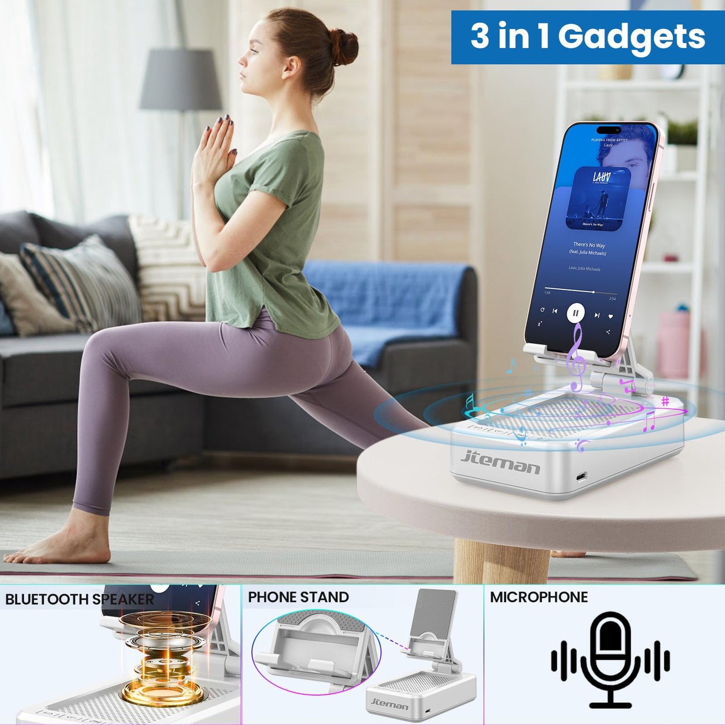 JTEMAN Tablet Stand Adjustable with Bluetooth Speakers,Kitchen Gadgets,Gifts for Women Men,Wireless Bluetooth Speaker Tablet Holder,Desk Mic Charging Sation Compatible with Phones and Tablet