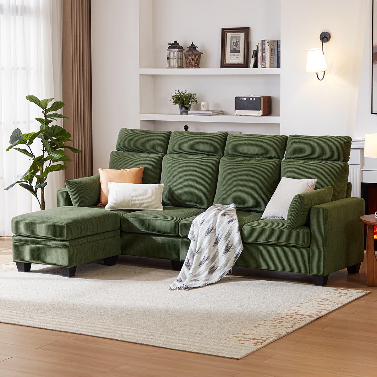 CHIC HOUSE Corduroy Modular Sectional Couch with Ottoman Chaise, L Shaped 4-seat Sofa for Living Room, Apartment, Lounge, Modern Armrest Neck Support Furniture