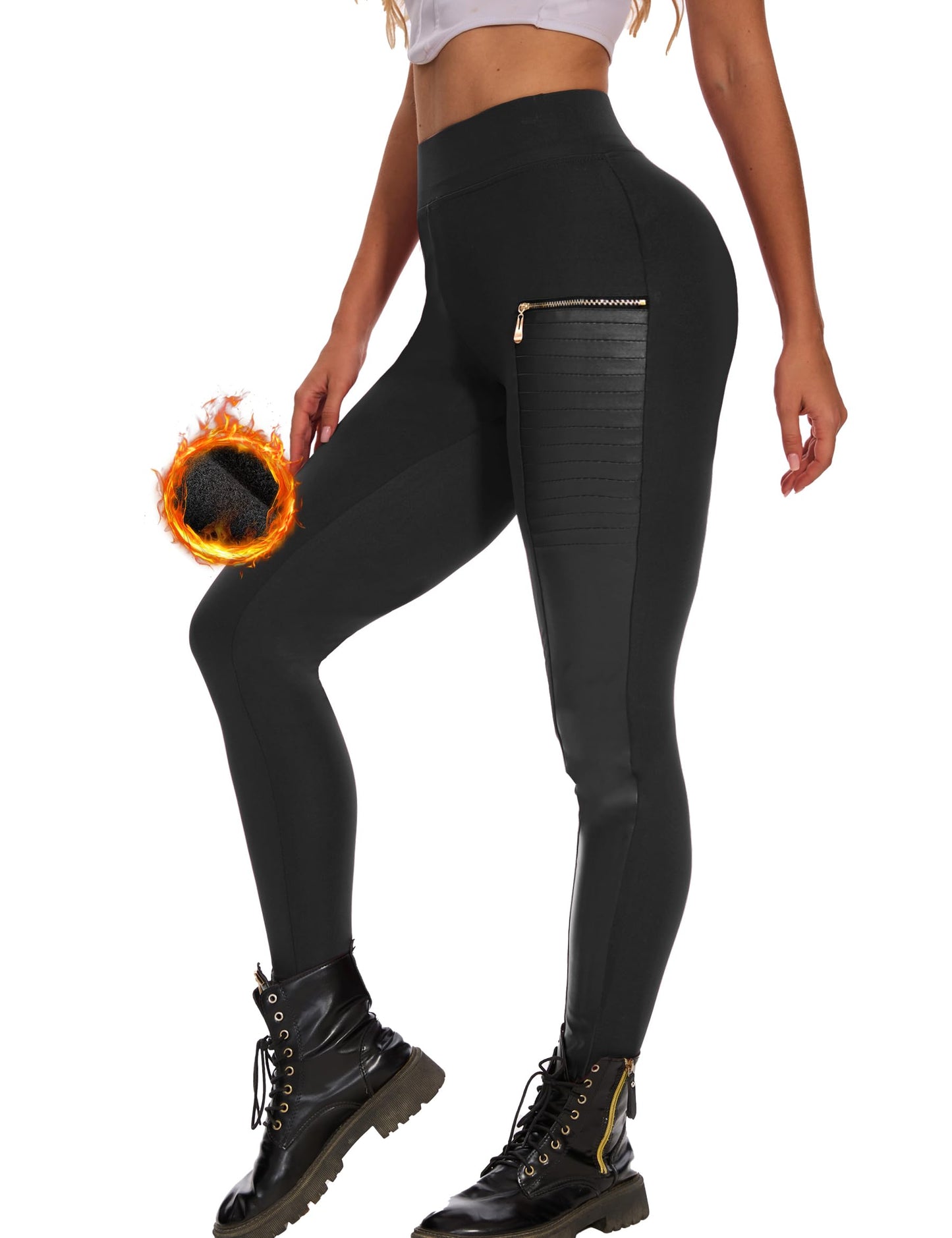 Faux Leather Leggings for Women Pleather Pant Elastic Mid Waisted Stretchy Patch Zip Tights