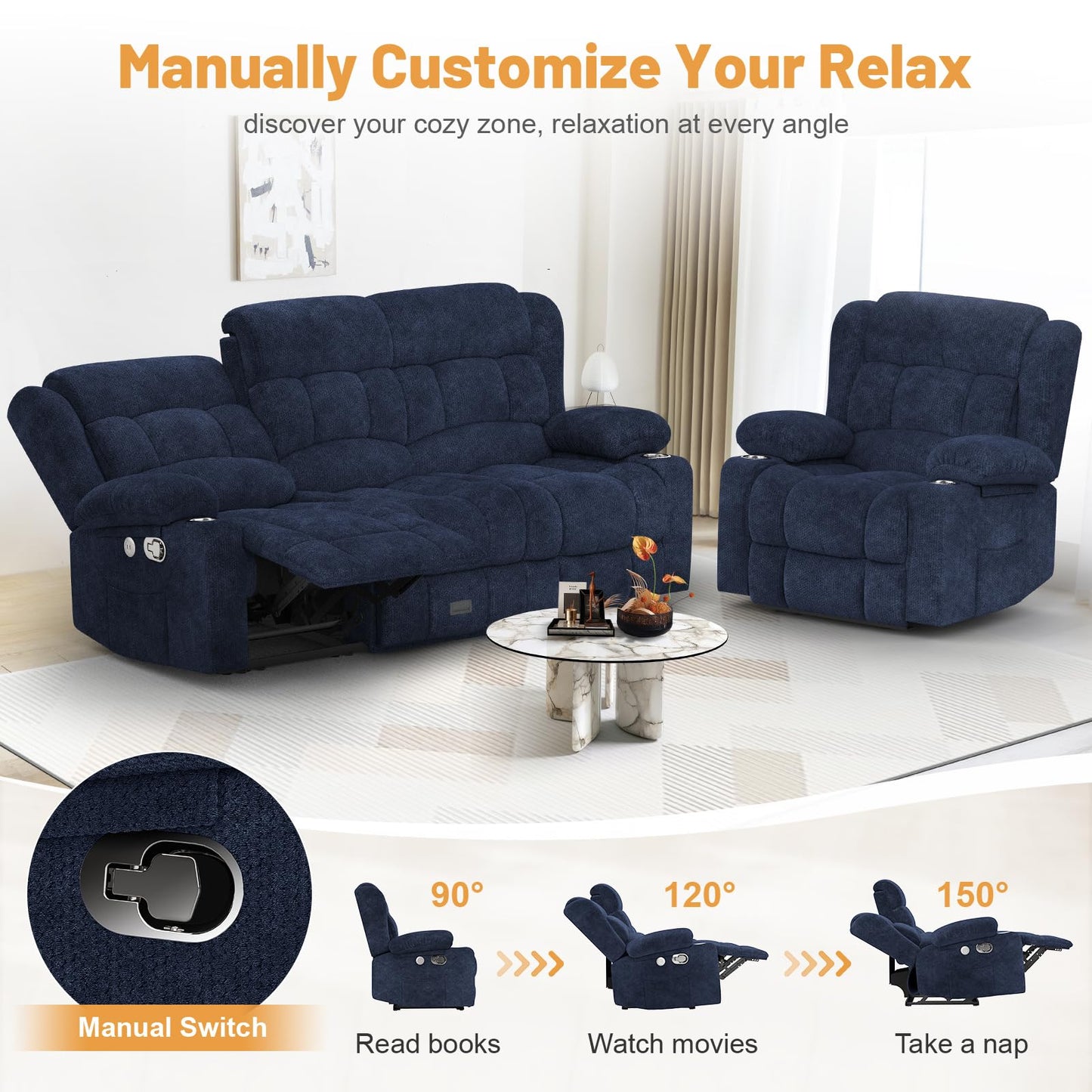 Loveseat Recliner Sofa, Flip Middle Backrest Design 3 Seat Reclining Sofa with Storage Drawer, USB Ports & Cup Holders, Manual Couch for Living Room/RV (Gray)