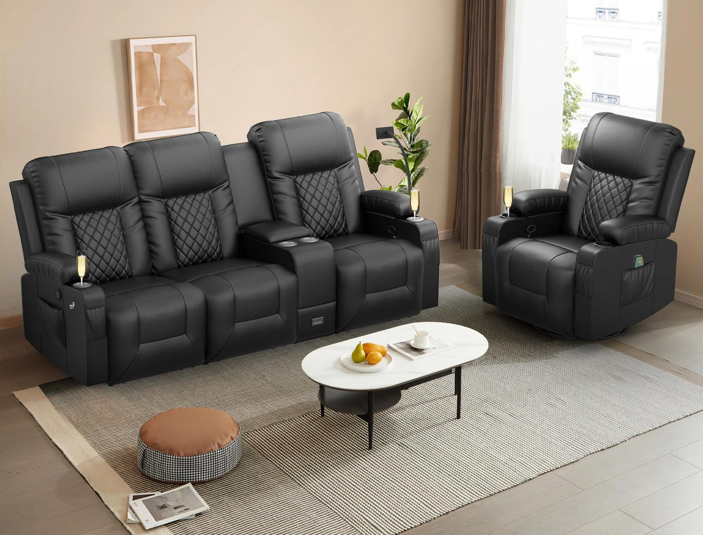 YONISEE 3 Seat Recliner Sofa, Large Reclining Sofa with Storage Console, Manual Reclining Chair with USB Ports, 2 Cell Phone Holder, 3 Seater Loveseat Recliner Couch for Living Room