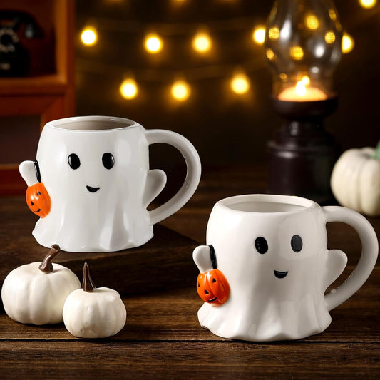 2 Pcs 12 oz Halloween Ghost Mug Coffee Ceramic Boo Mug with Pumpkin Cute Ghost Face Cup with Handle for Halloween Party Decoration