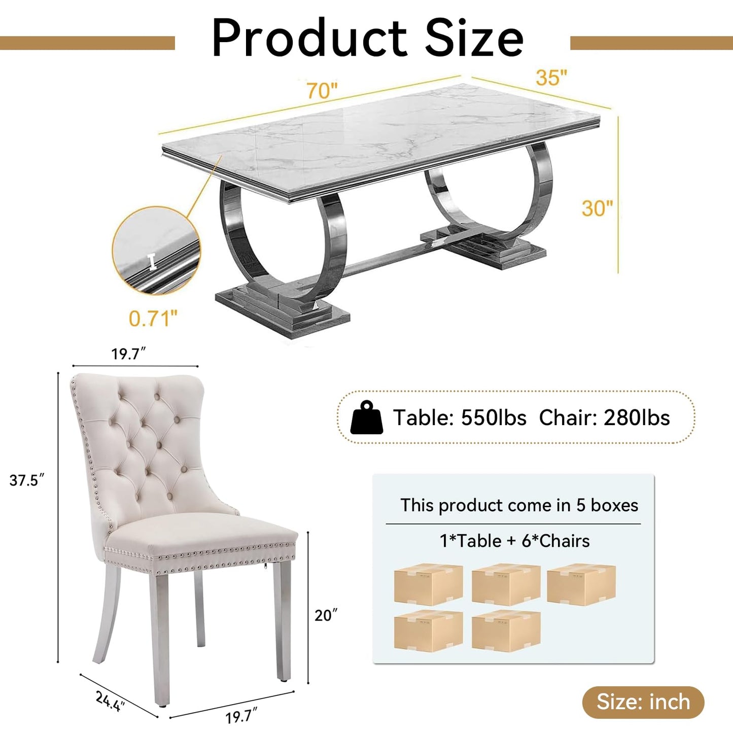 HomVent 70" Faux Marble Dining Table Set for 6, Rectangular Marble Top Kitchen Table Set, Kitchen & Dining Room Sets, Dining Table and Dining Chair