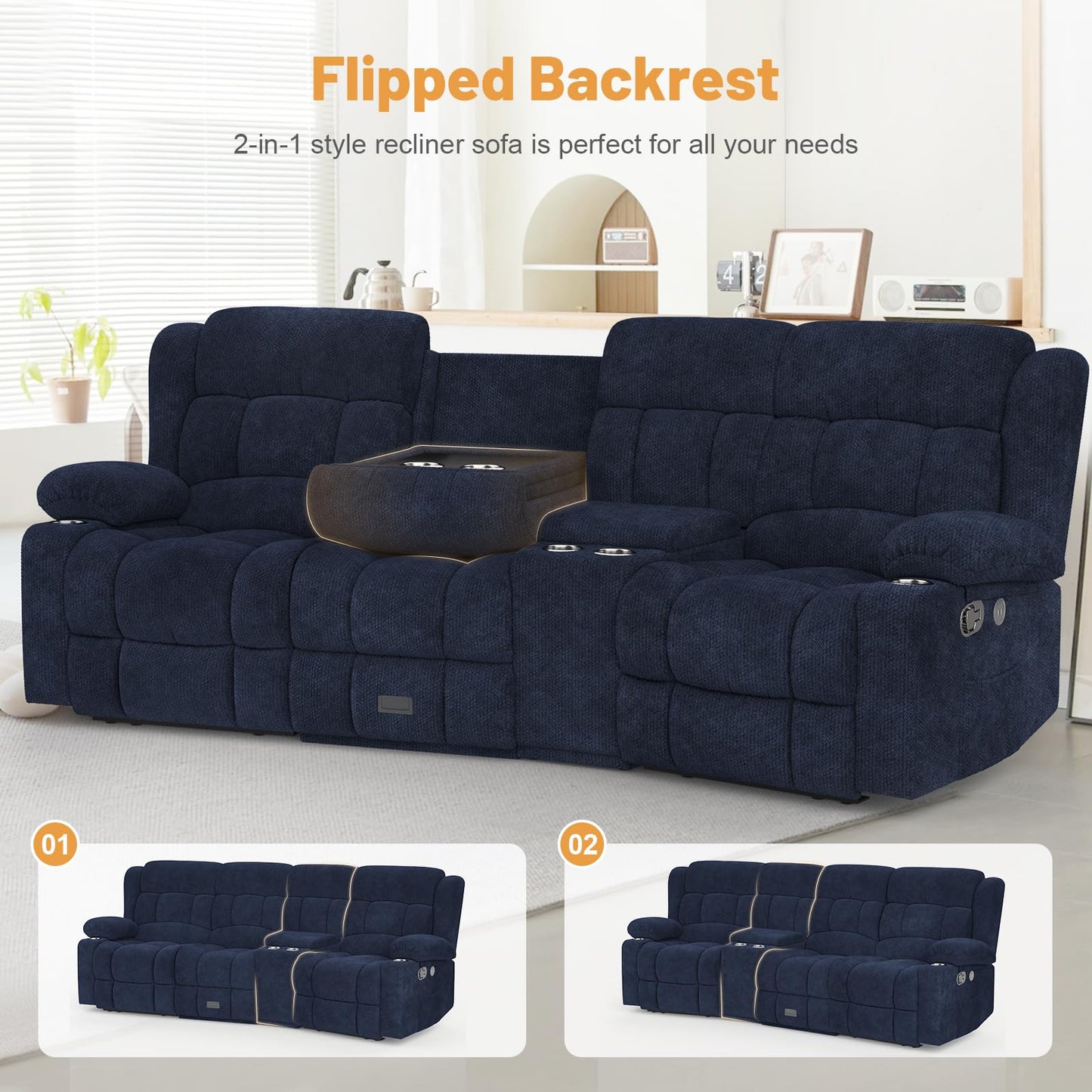 Loveseat Recliner Sofa, Flip Middle Backrest Design 3 Seat Reclining Sofa with Storage Drawer, USB Ports & Cup Holders, Manual Couch for Living Room/RV (Gray)