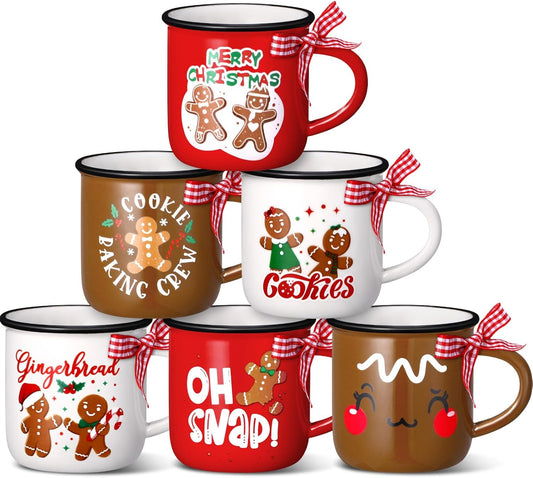 6 Pcs Christmas Mini Coffee Mugs Xmas Mini Coffee Cups Christmas Mugs with Ribbons for Home Tiered Tray Decor Xmas Winter Holiday Kitchen Bar Decorations Housewarming Gifts (Gingerbread Man)