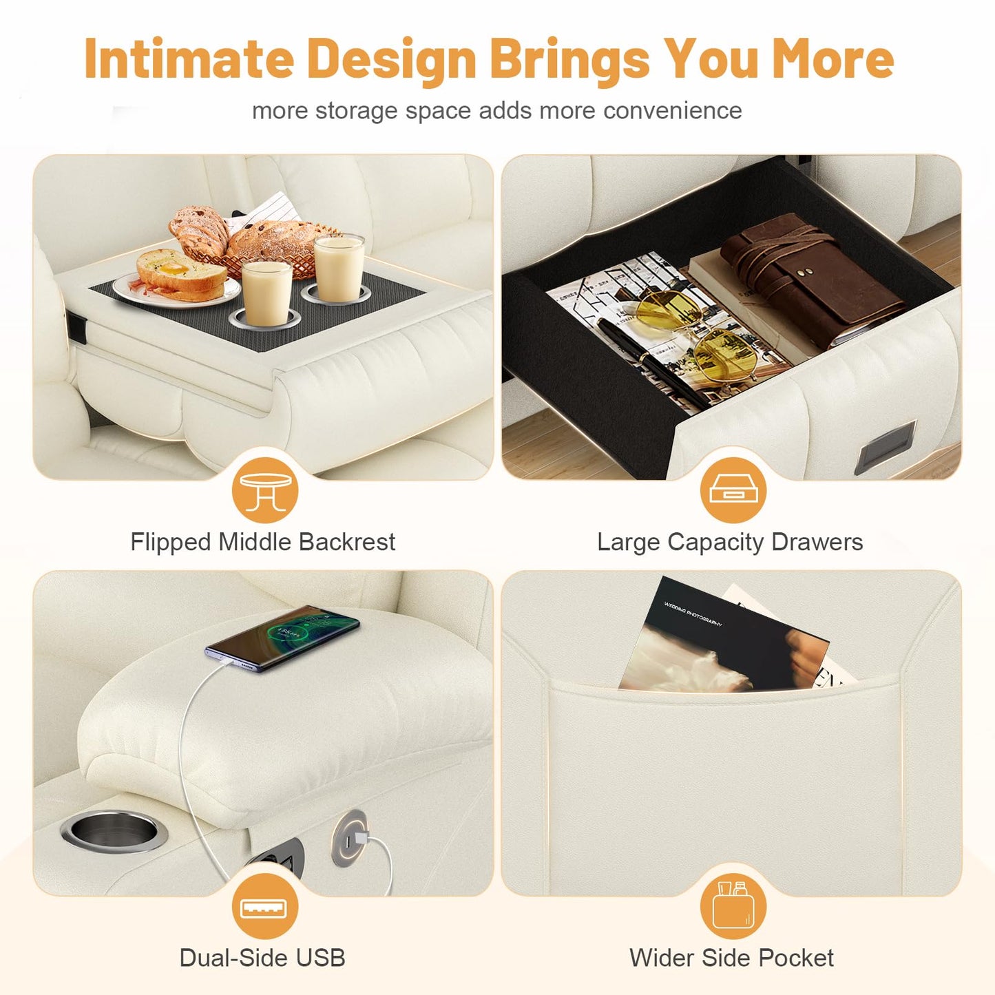 Loveseat Recliner Sofa, Flip Middle Backrest Design 3 Seat Reclining Sofa with Storage Drawer, USB Ports & Cup Holders, Manual Couch for Living Room/RV (Gray)