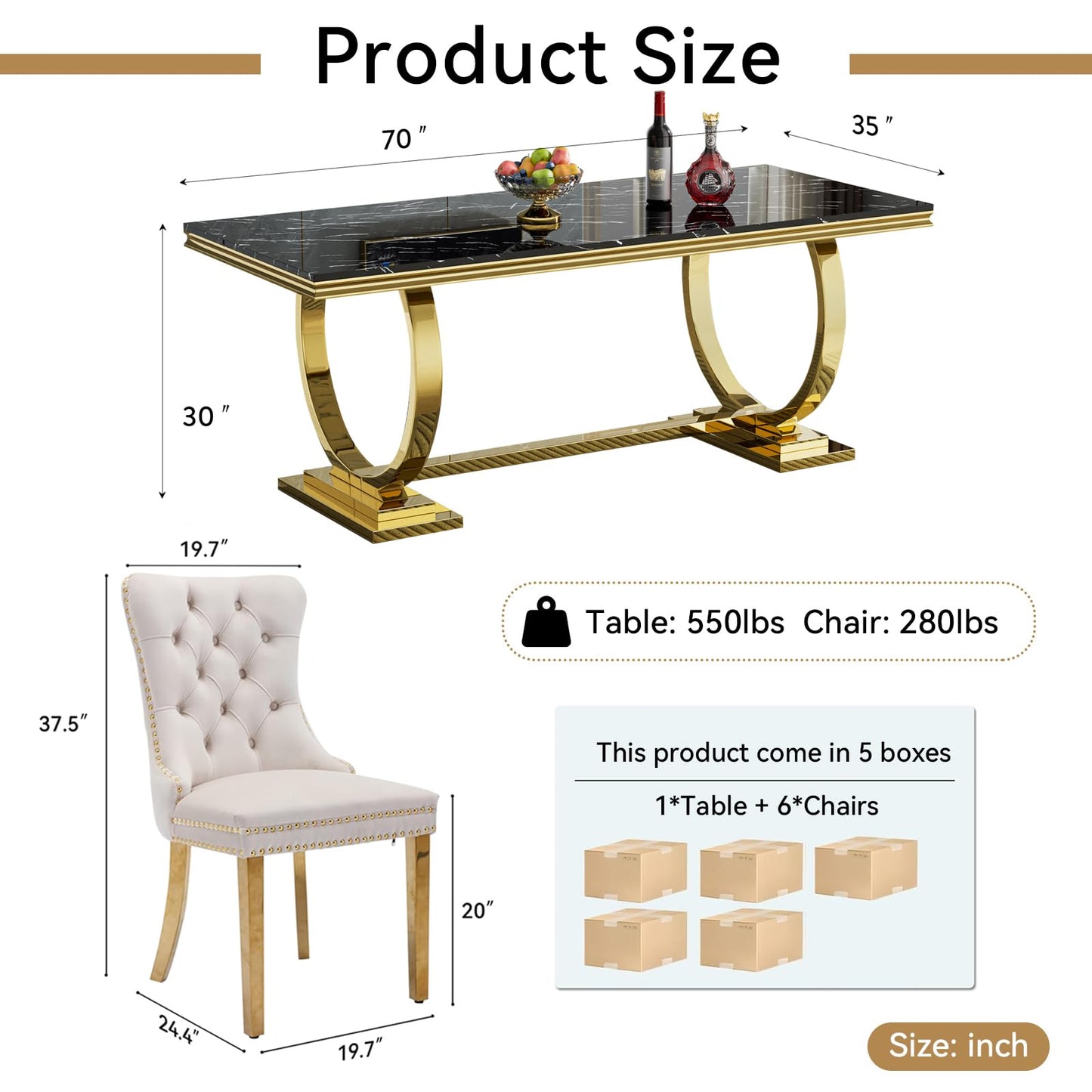 HomVent 70" Faux Marble Dining Table Set for 6, Rectangular Marble Top Kitchen Table Set, Kitchen & Dining Room Sets, Dining Table and Dining Chair