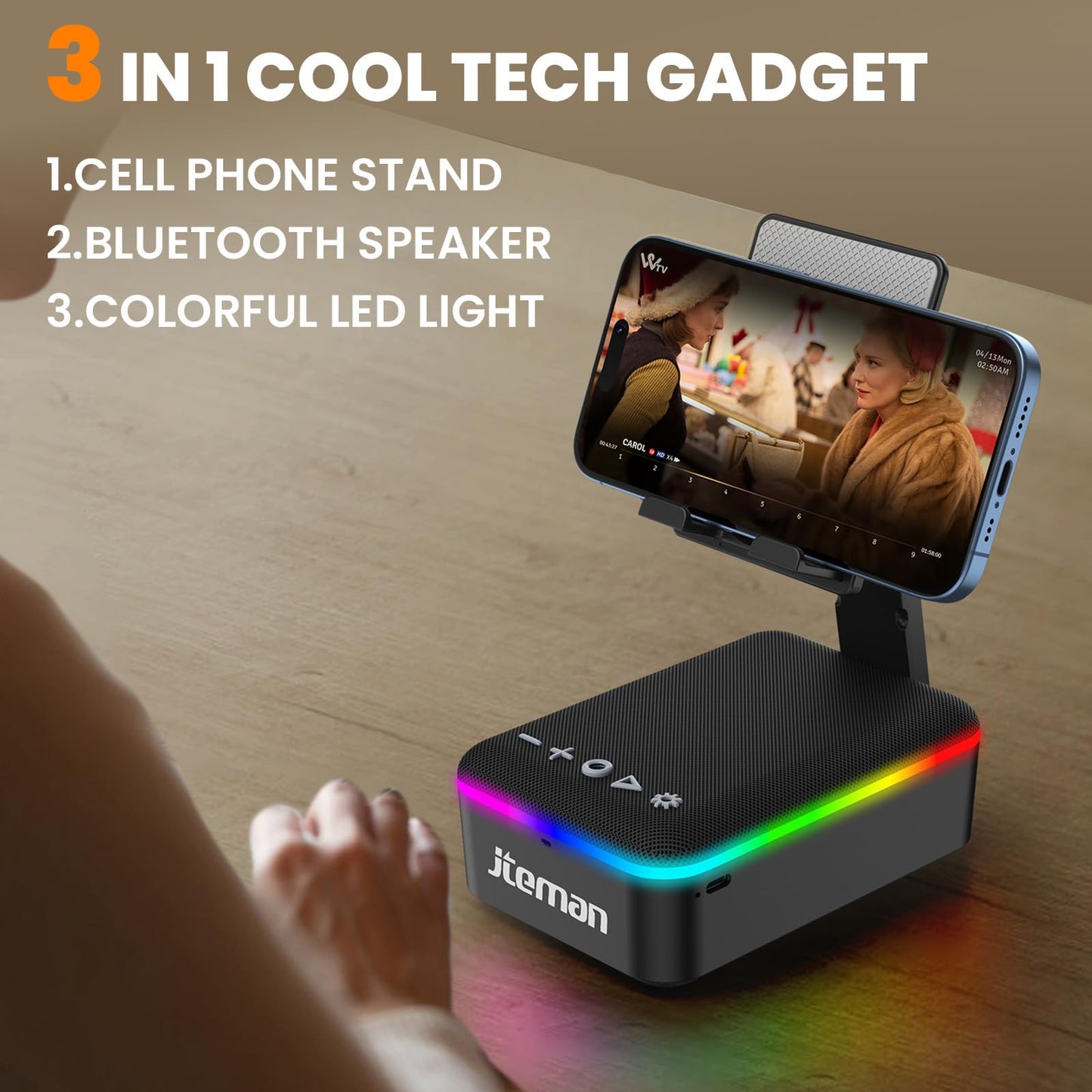 JTEMAN Gifts for Men Women,Cell Phone Stand with Bluetooth Speaker and LED Light,Cool Tech Gadgets,Unique Birthday Gifts for Men Husband Mom Dad-Pink
