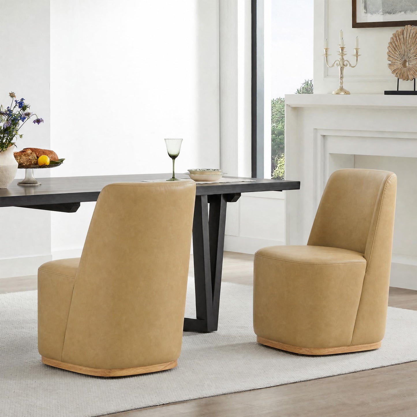 CHITA Upholstered Rolling Dining Chair with Casters Set of 2, Oatmeal | FSC Certified Modern Fabric Dining Chair with Casters, Boucle Dining Chairs for Reading Room Kitchen Dining Room