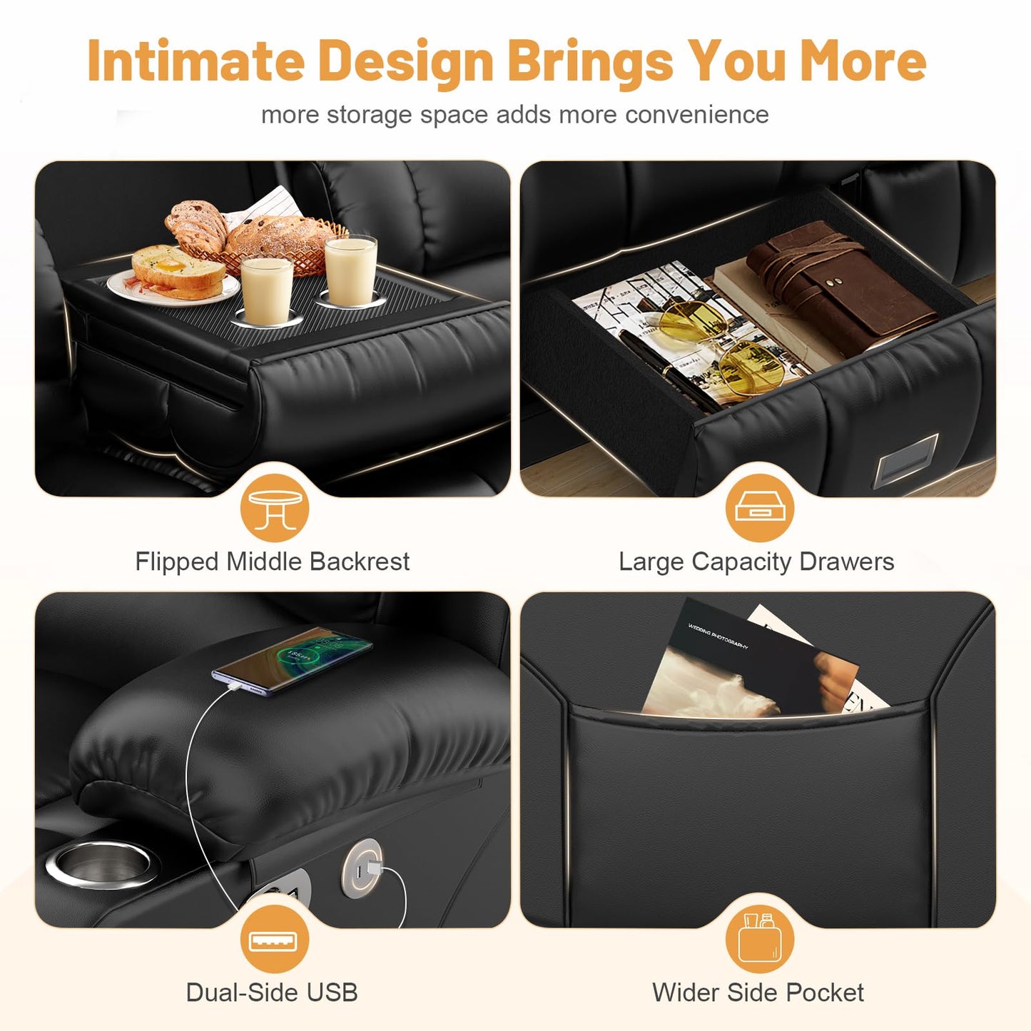 Loveseat Recliner Sofa, Flip Middle Backrest Design 3 Seat Reclining Sofa with Storage Drawer, USB Ports & Cup Holders, Manual Couch for Living Room/RV (Gray)