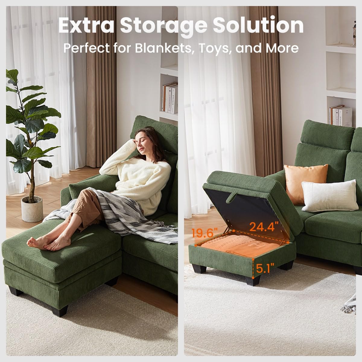 CHIC HOUSE Corduroy Modular Sectional Couch with Ottoman Chaise, L Shaped 4-seat Sofa for Living Room, Apartment, Lounge, Modern Armrest Neck Support Furniture