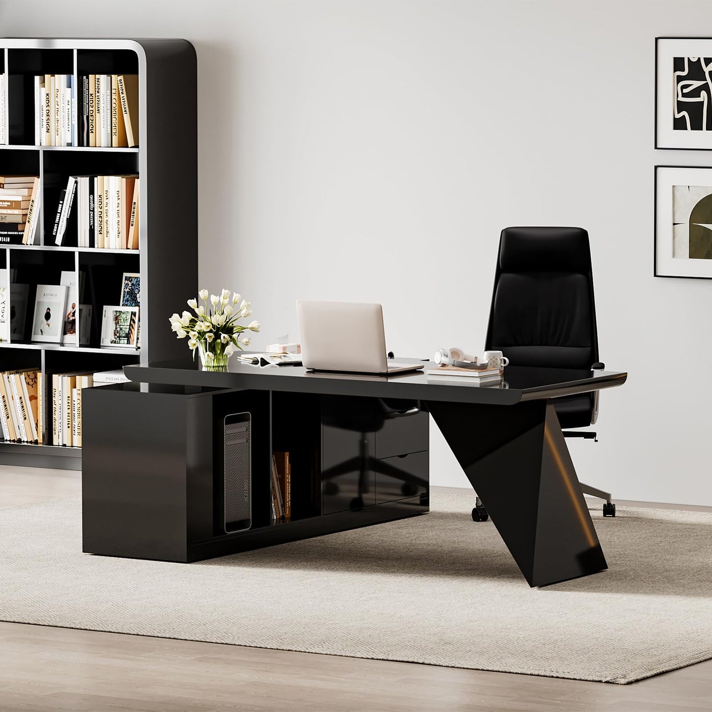 homary 70.9" Modern L-Shape Executive Desk, Home Office Desk with Drawers & Cabinet Modern Computer Desk for Home Business Furniture, Black, Right Hand