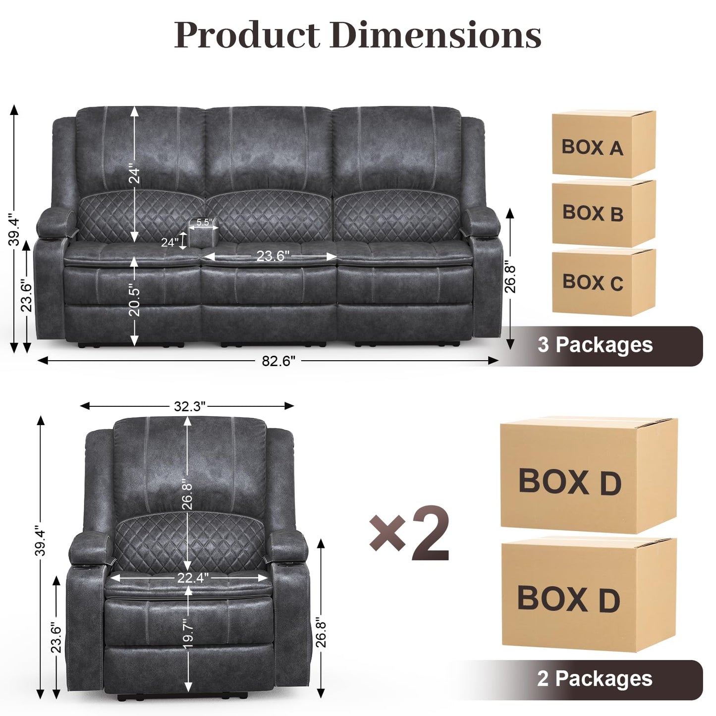 3 Seater Recliner Sofa Set with 2-Tier Cushion, 3+1+1 Pieces in Living Room, 3 Seater Reclining Couch Dutch Velvet with Removable Console, 2 Oversize Recliner Chair Sofa Seat - Grey