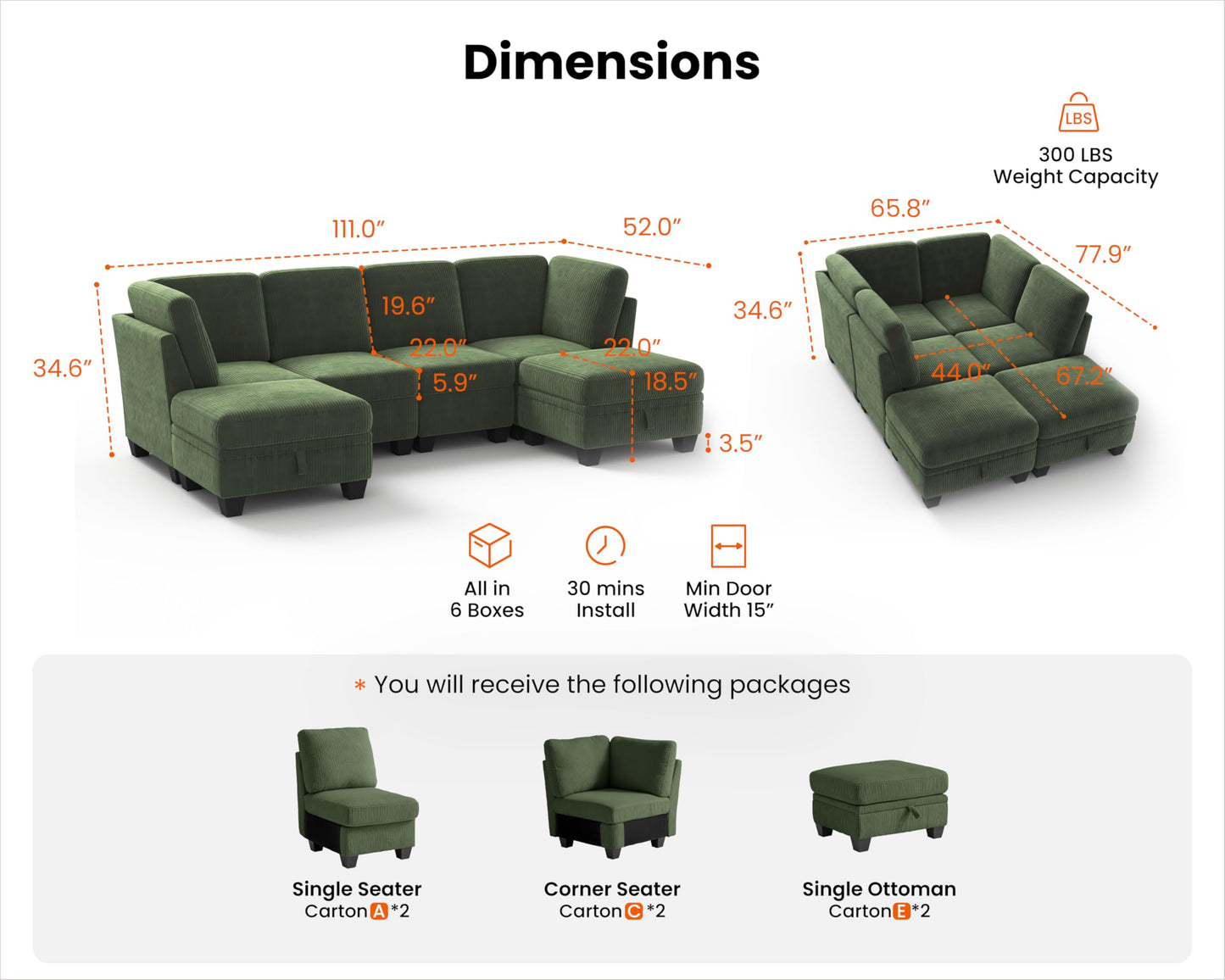 CHIC HOUSE Corduroy Modular Sectional Couch with Ottoman Chaise, L Shaped 4-seat Sofa for Living Room, Apartment, Lounge, Modern Armrest Neck Support Furniture