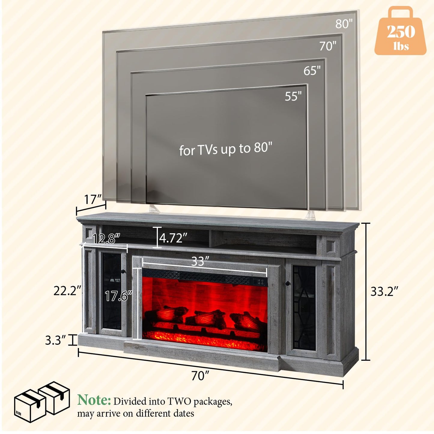 AMERLIFE 70" Farmhouse Heavy Fireplace TV Stand with 33" Electric Fireplace, for 80" TVs up, Media Entertainment Center with Diamond Door, TV Console Storage Cabinet for Living Room, White & Barnwood